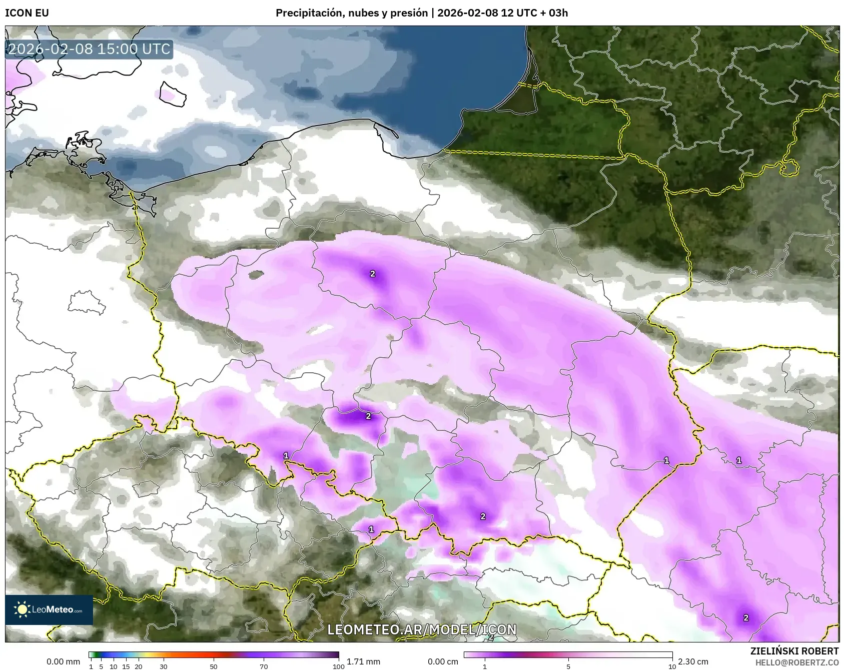 ICON model - Polonia, Precipitación, nubes y presión