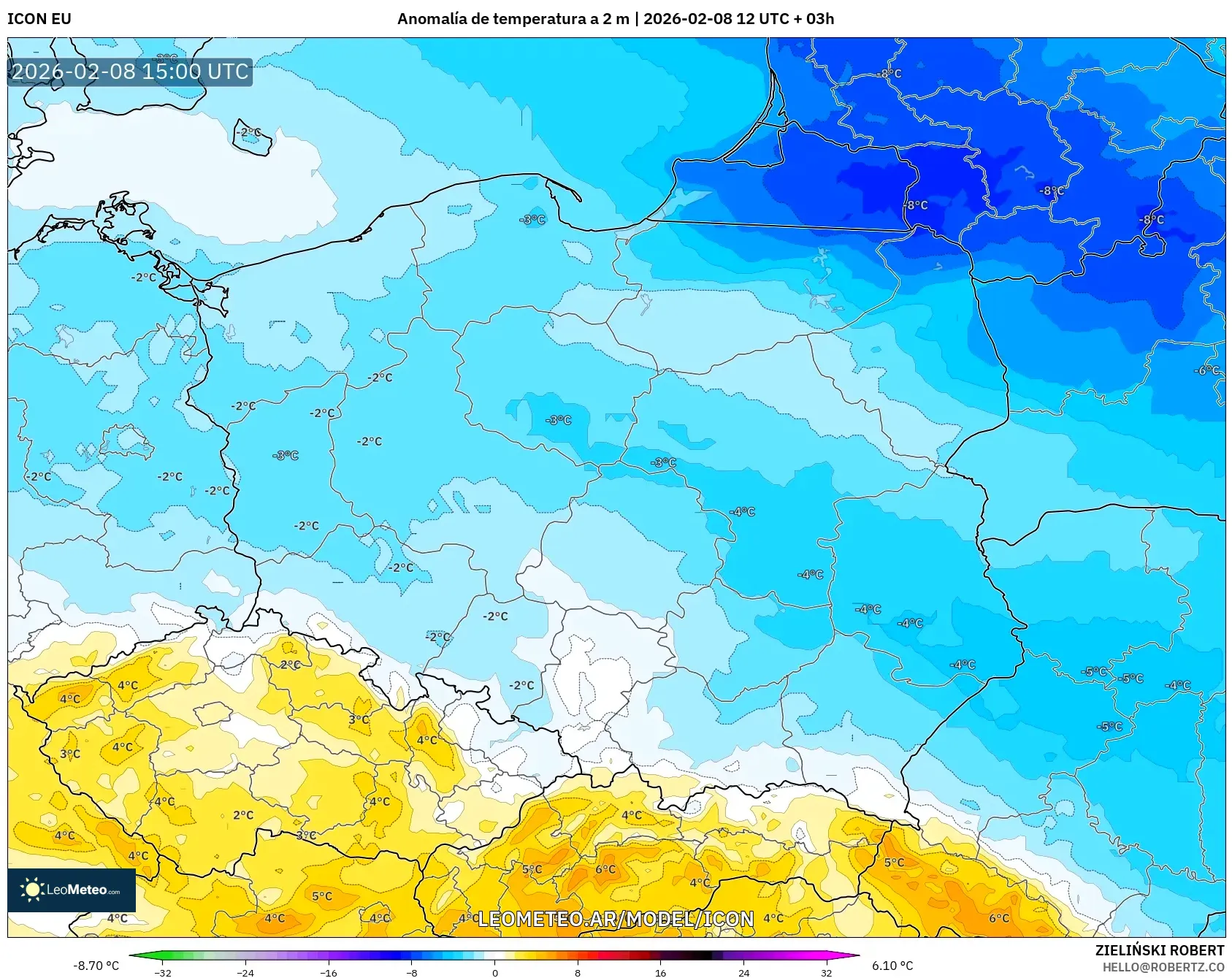 ICON model - Polonia, Anomalía de temperatura a 2 m