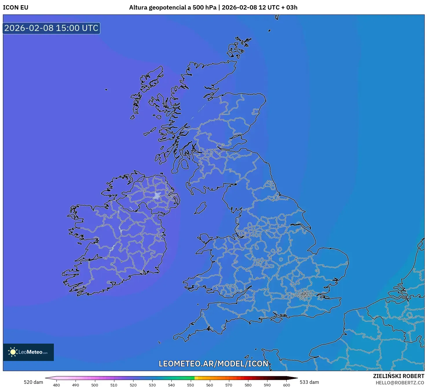 ICON model - Reino Unido, Altura geopotencial a 500 hPa