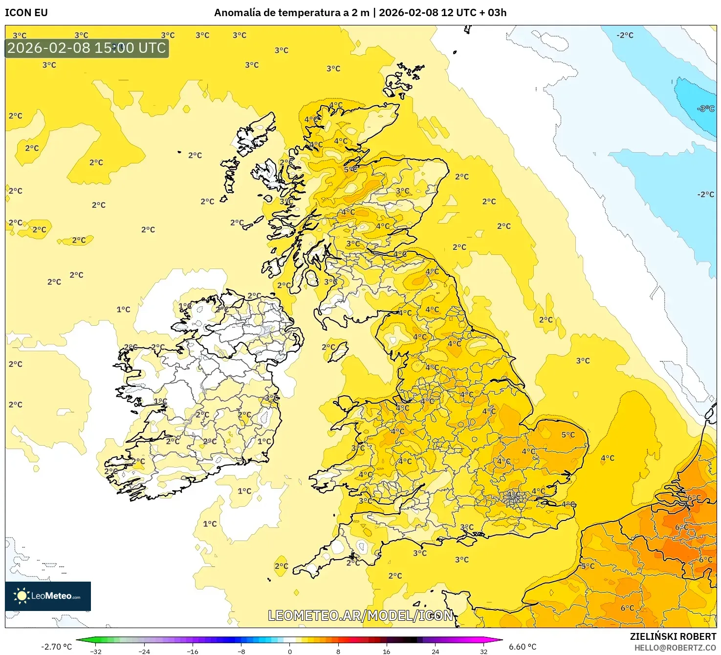 ICON model - Reino Unido, Anomalía de temperatura a 2 m