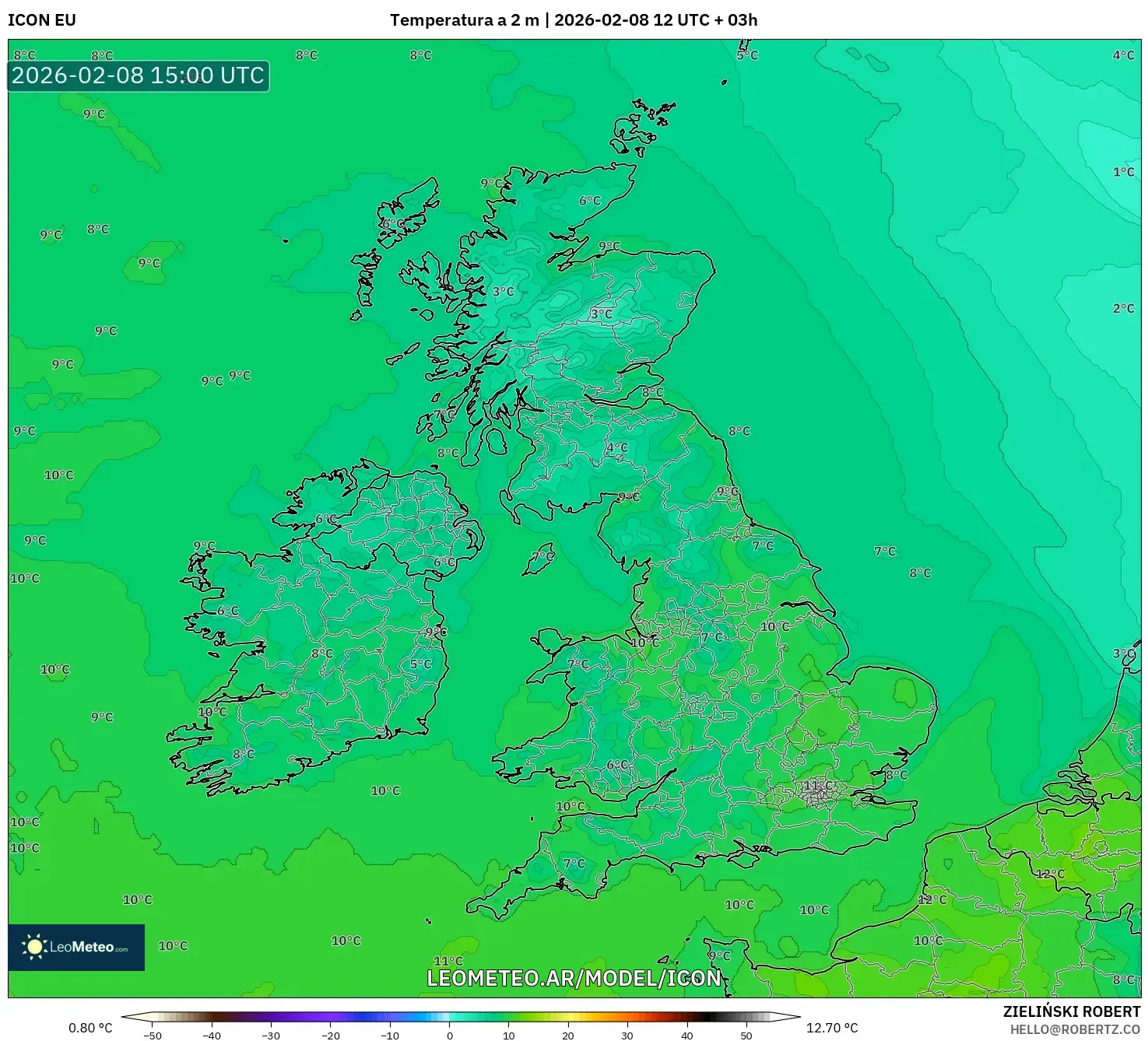 ICON model - Reino Unido, Temperatura a 2 m
