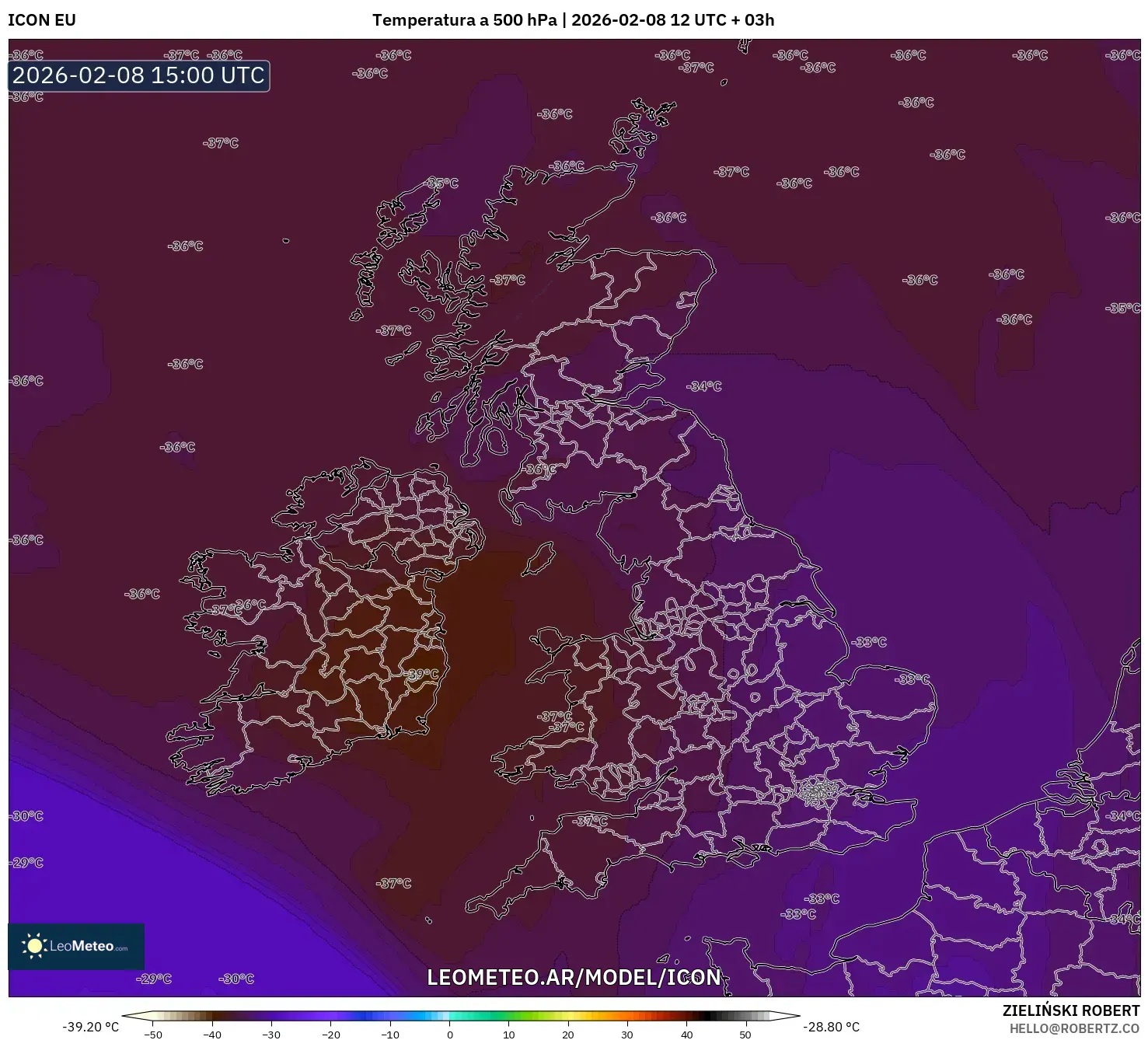 ICON model - Reino Unido, Temperatura a 500 hPa