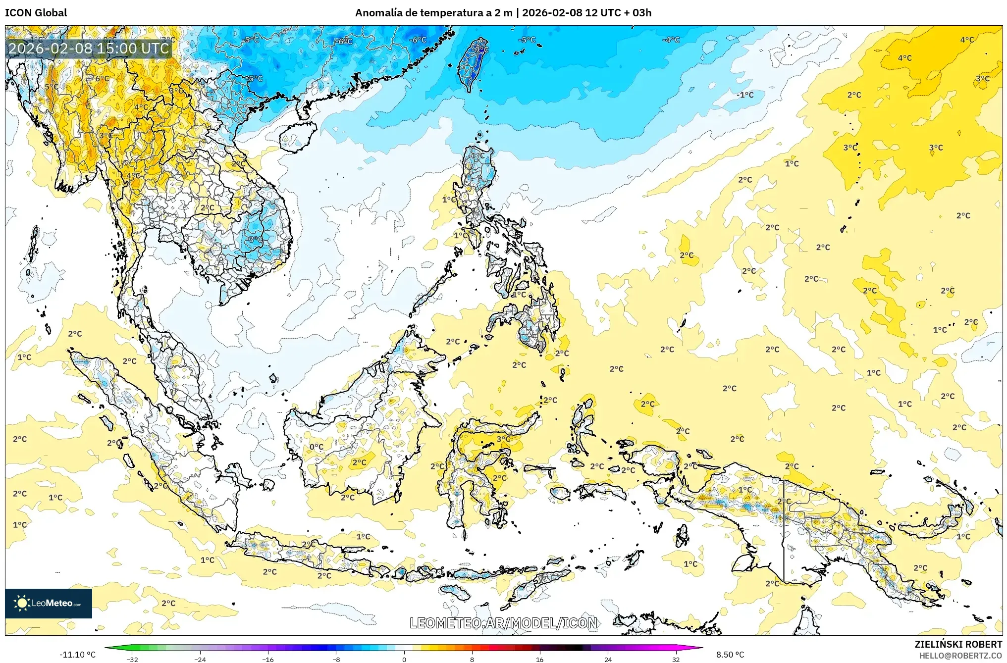 ICON model - Sudeste Asiático, Anomalía de temperatura a 2 m