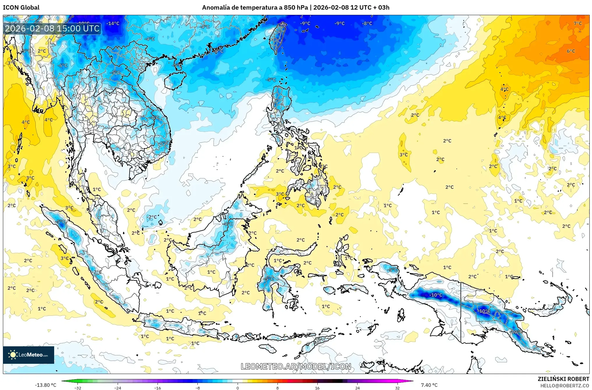 ICON model - Sudeste Asiático, Anomalía de temperatura a 850 hPa