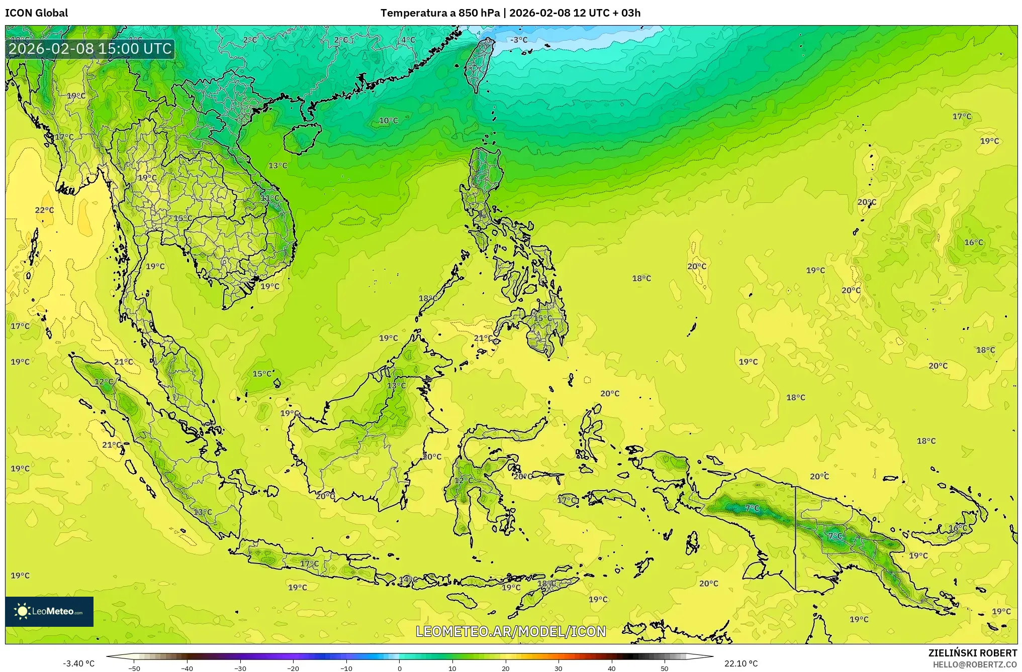 ICON model - Sudeste Asiático, Temperatura a 850 hPa