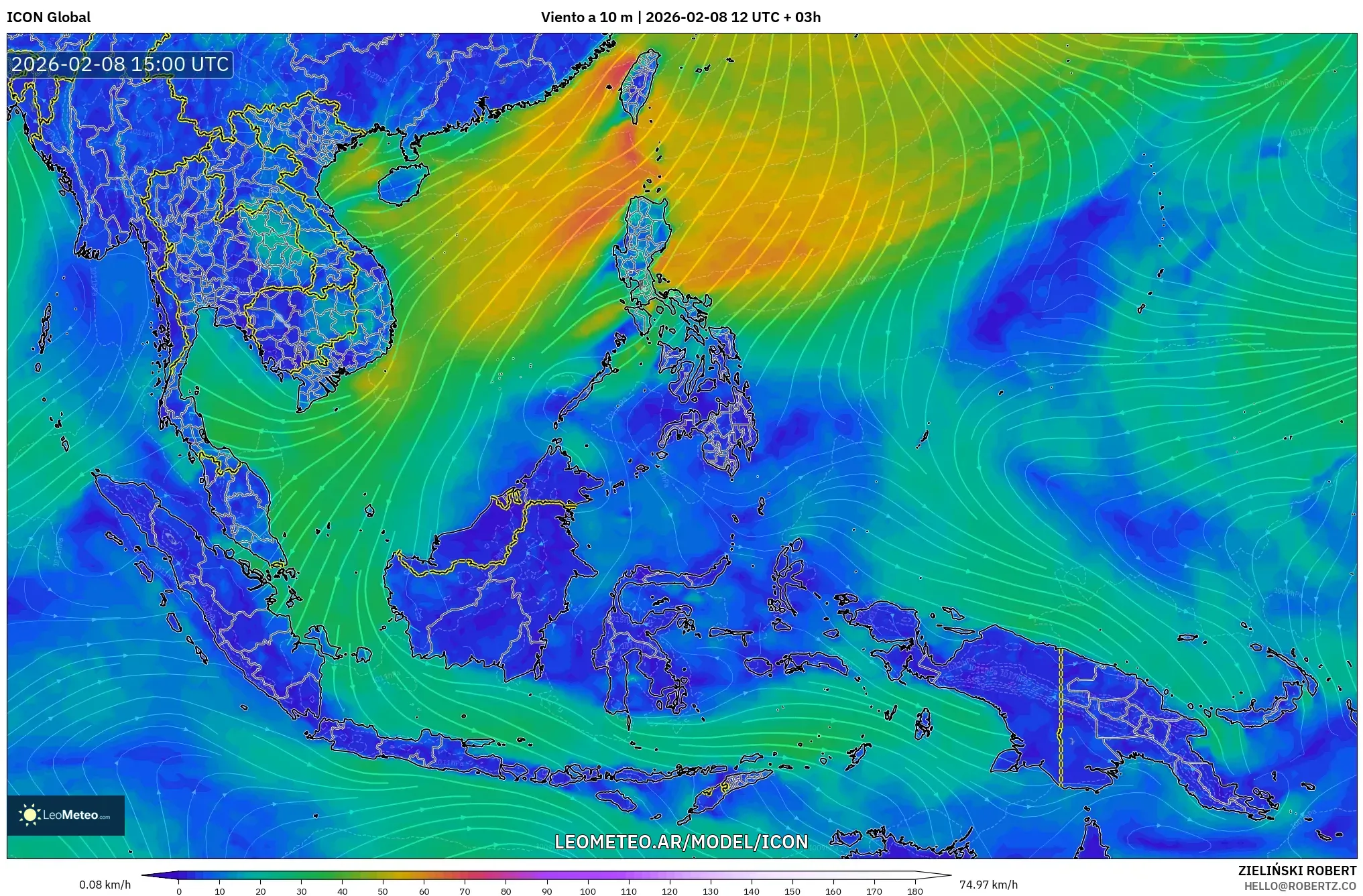 ICON model - Sudeste Asiático, Viento a 10 m