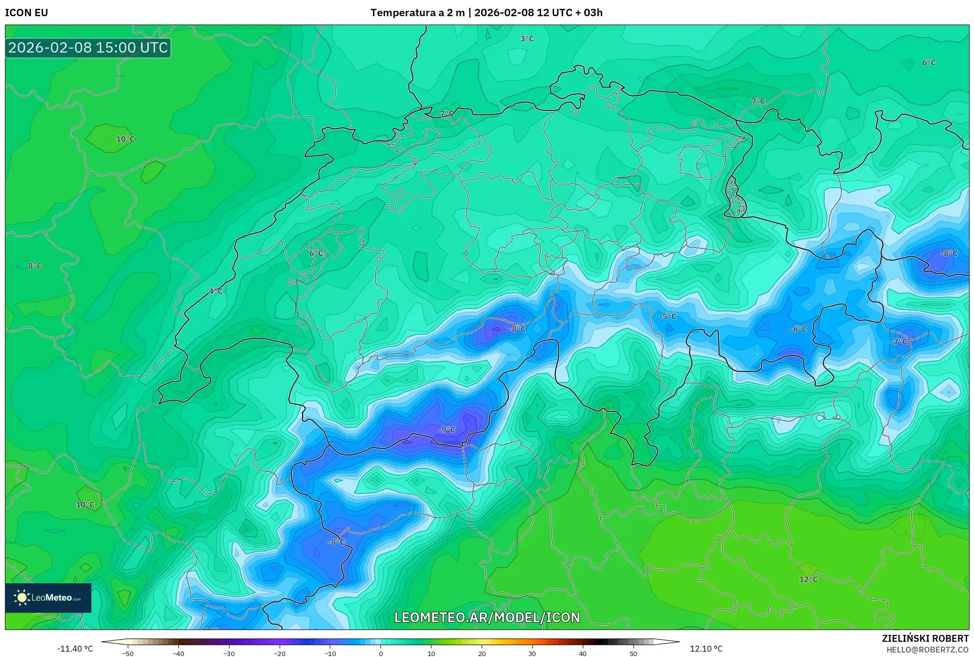 ICON model - Suiza, Temperatura a 2 m