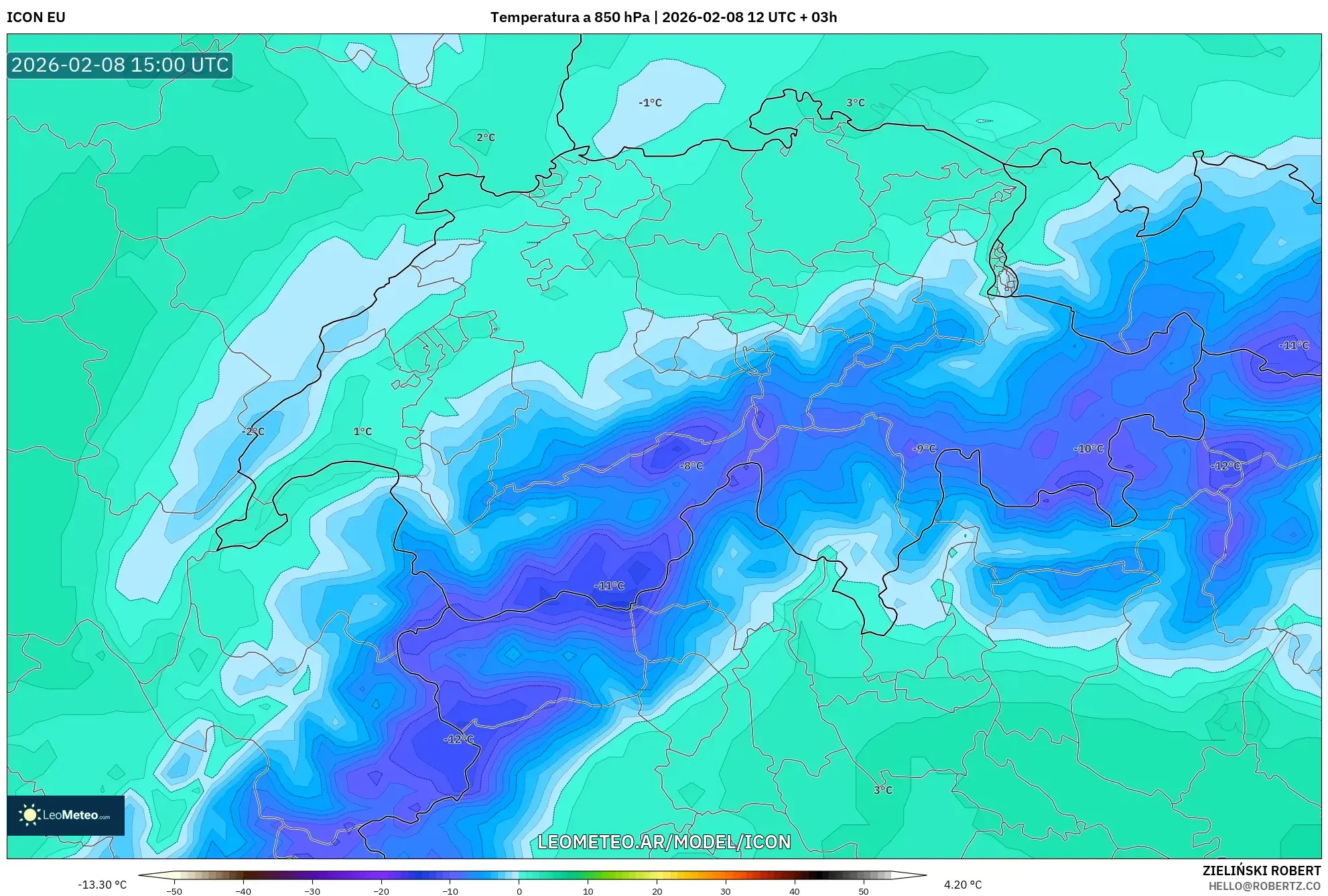 ICON model - Suiza, Temperatura a 850 hPa