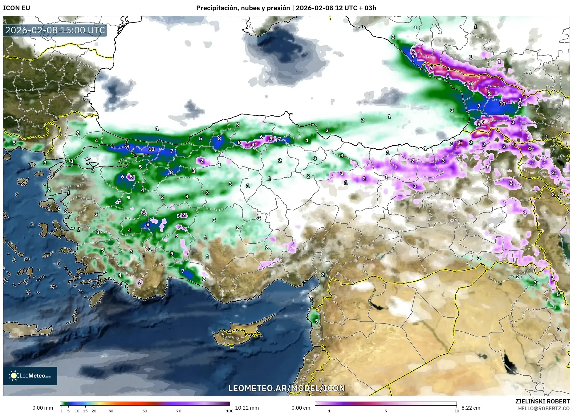 ICON model - Turquía, Precipitación, nubes y presión