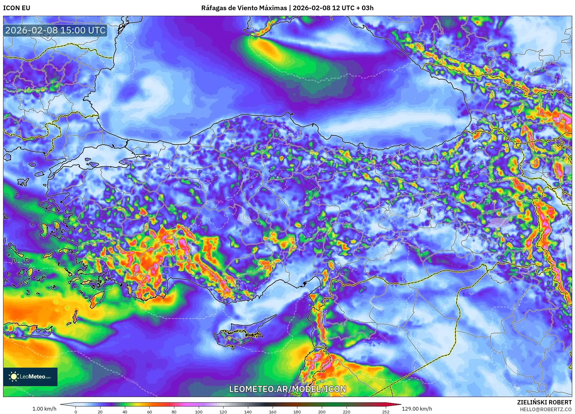 ICON model - Turquía, Ráfagas de Viento Máximas