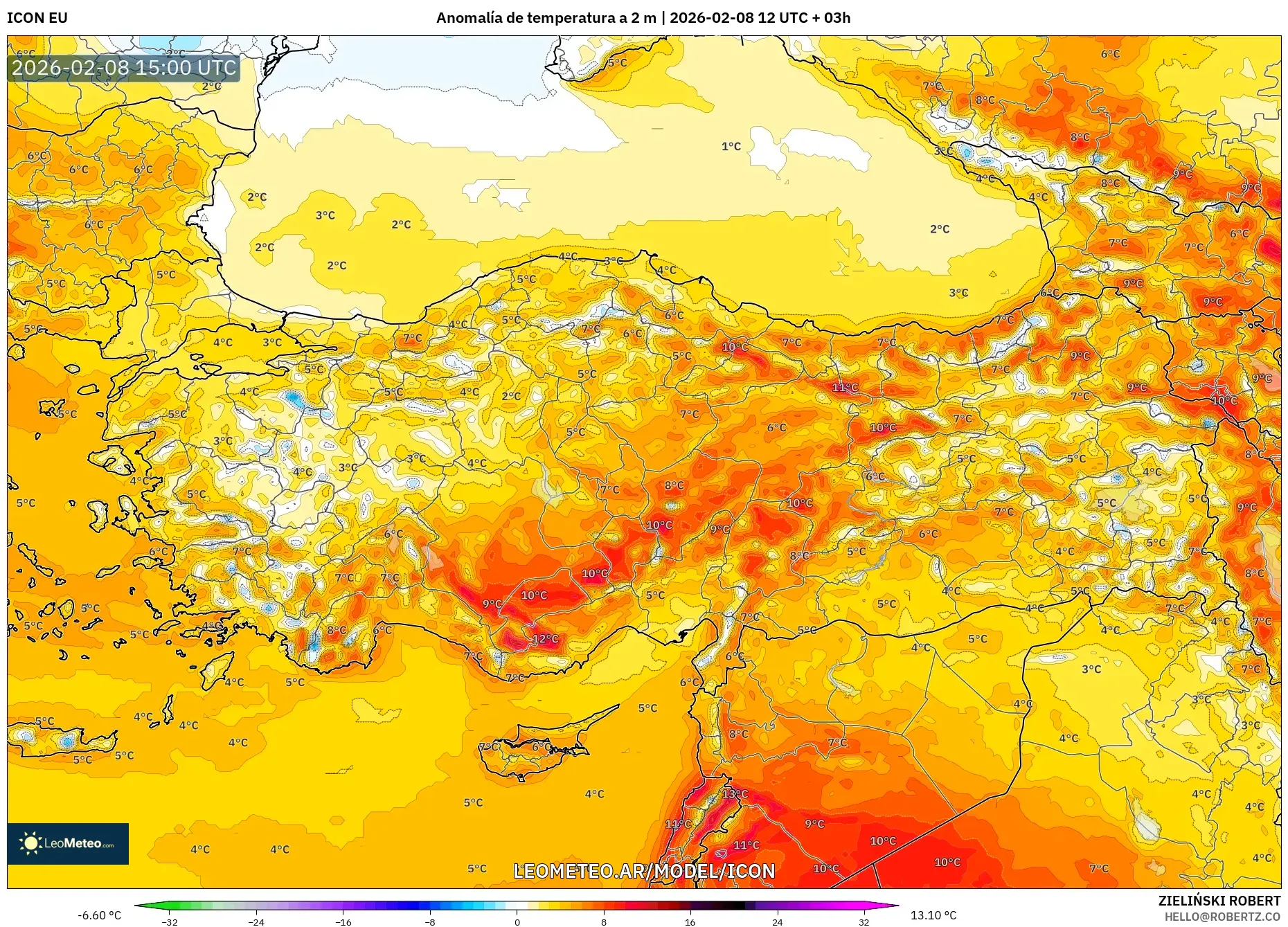 ICON model - Turquía, Anomalía de temperatura a 2 m