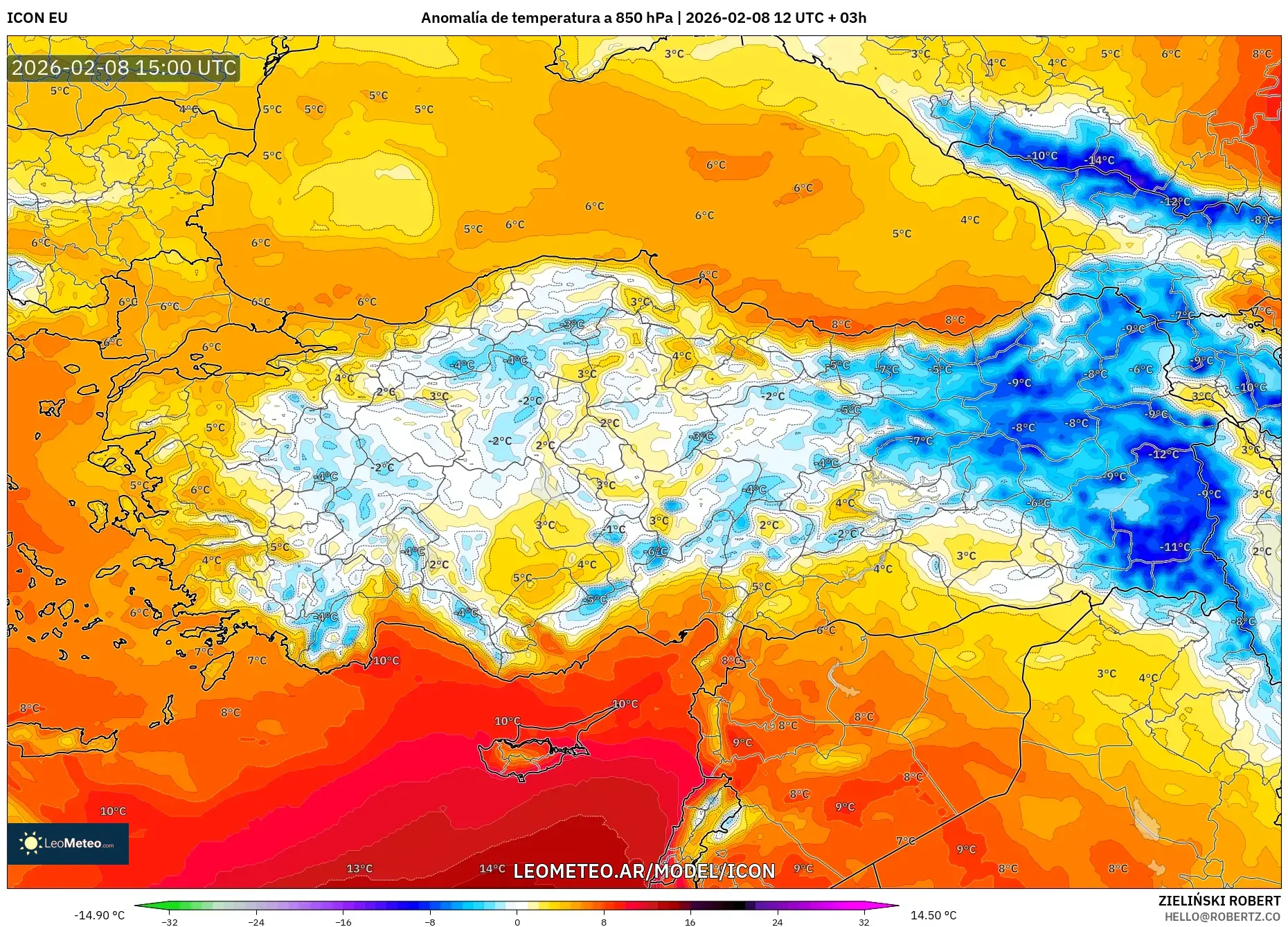ICON model - Turquía, Anomalía de temperatura a 850 hPa