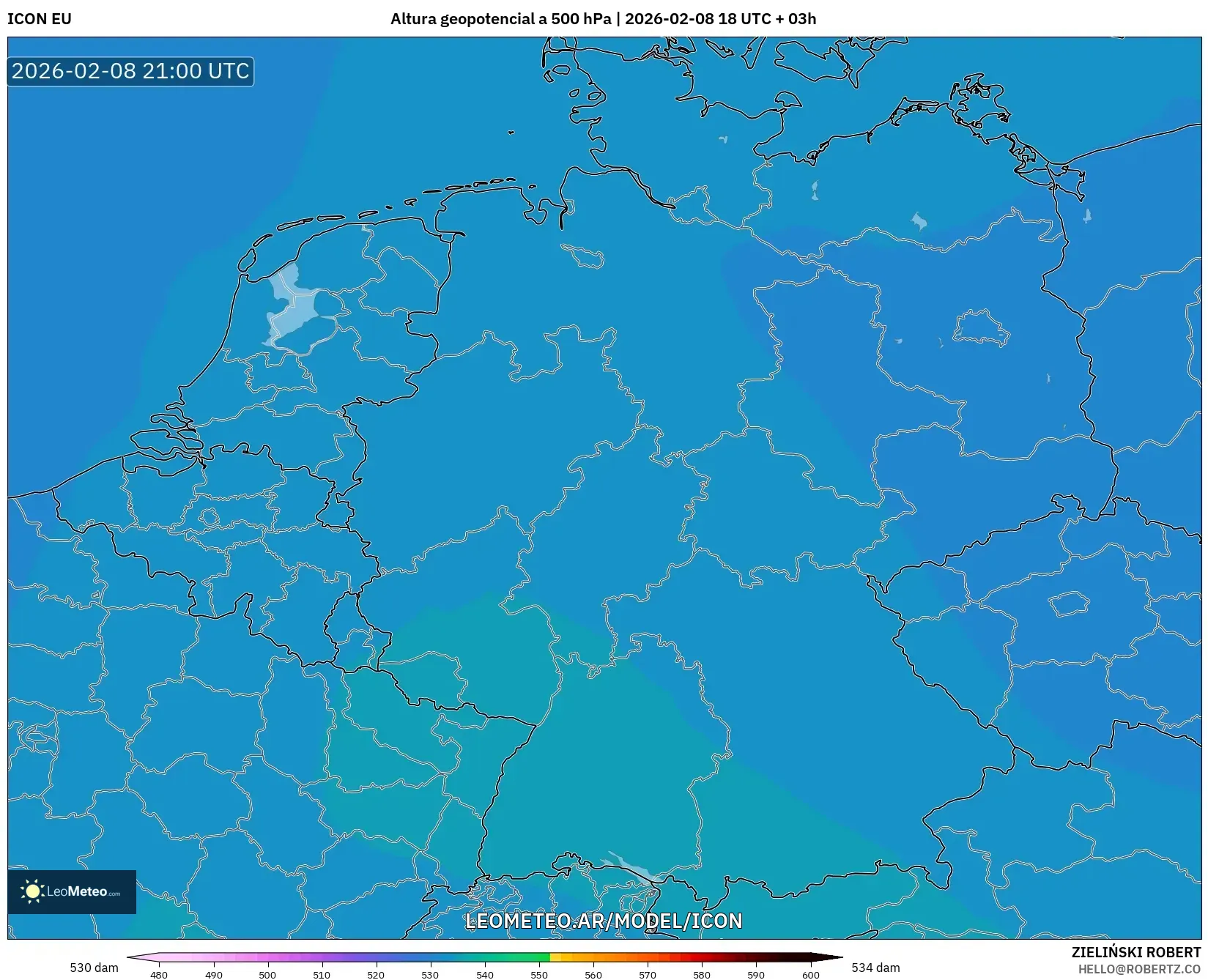 ICON model - Alemania, Altura geopotencial a 500 hPa