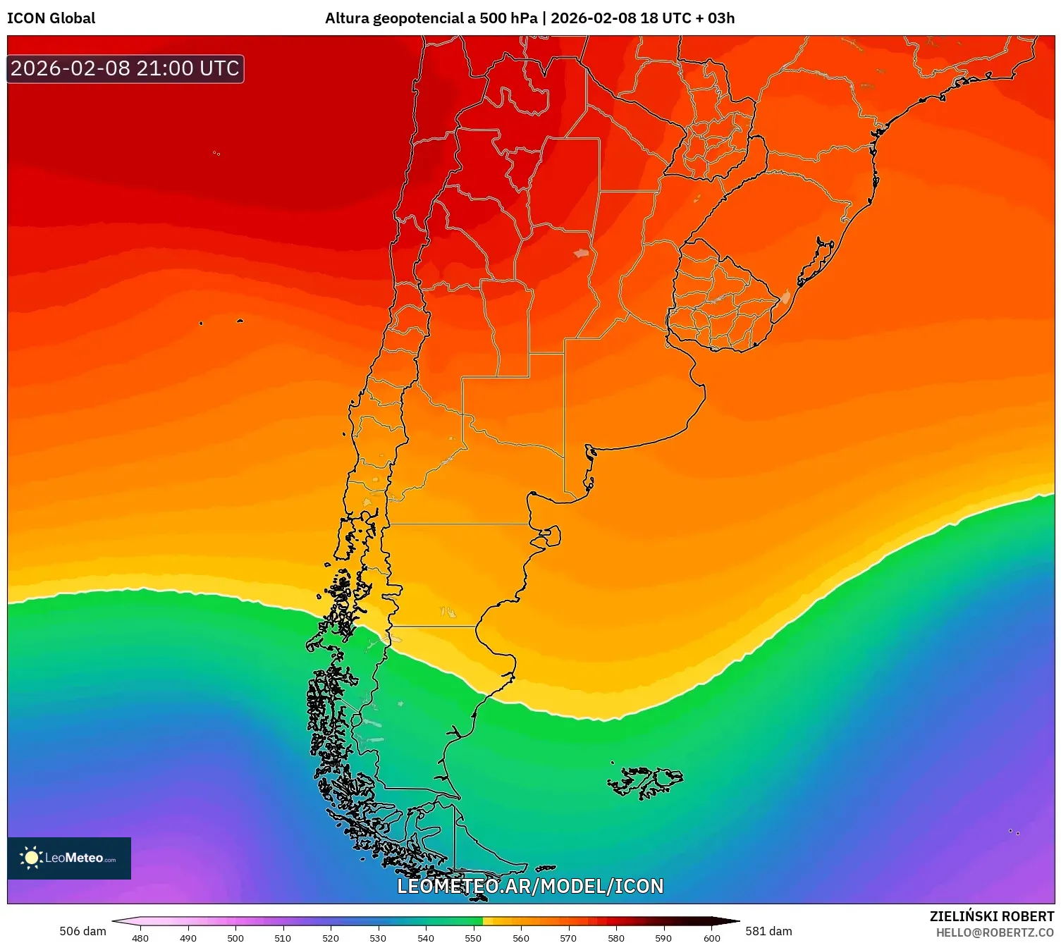 ICON model - Argentina, Altura geopotencial a 500 hPa