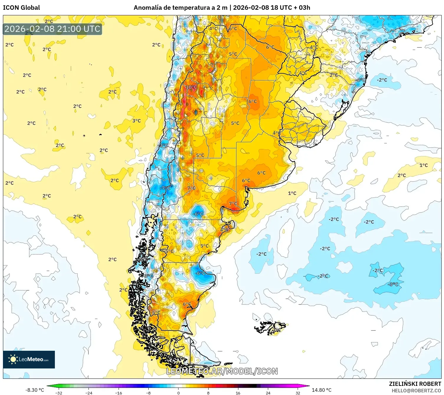 ICON model - Argentina, Anomalía de temperatura a 2 m