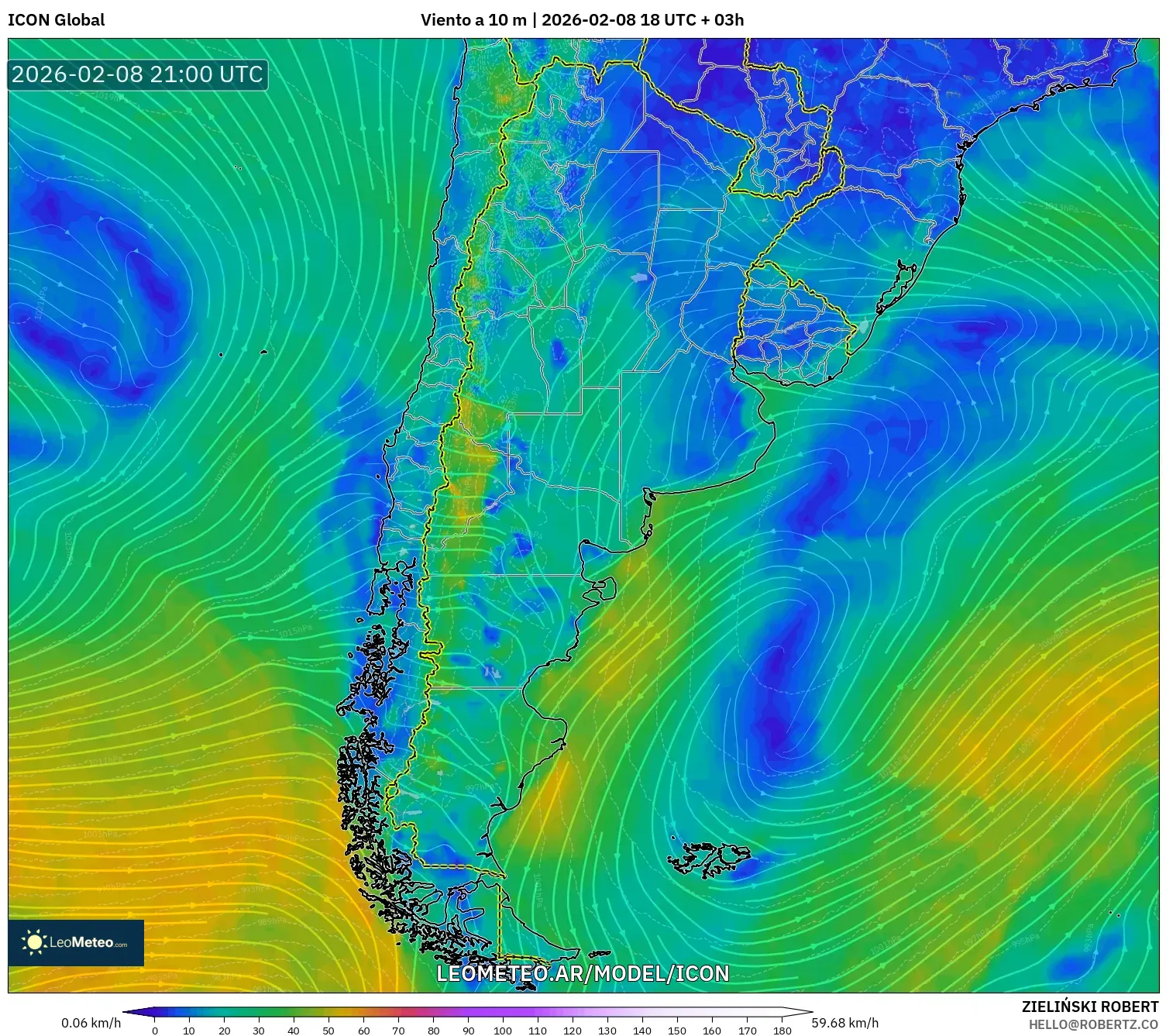 ICON model - Argentina, Viento a 10 m