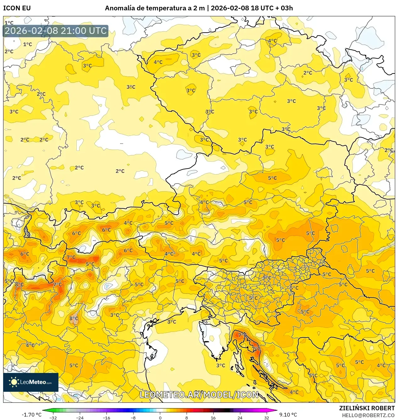 ICON model - Austria, Anomalía de temperatura a 2 m