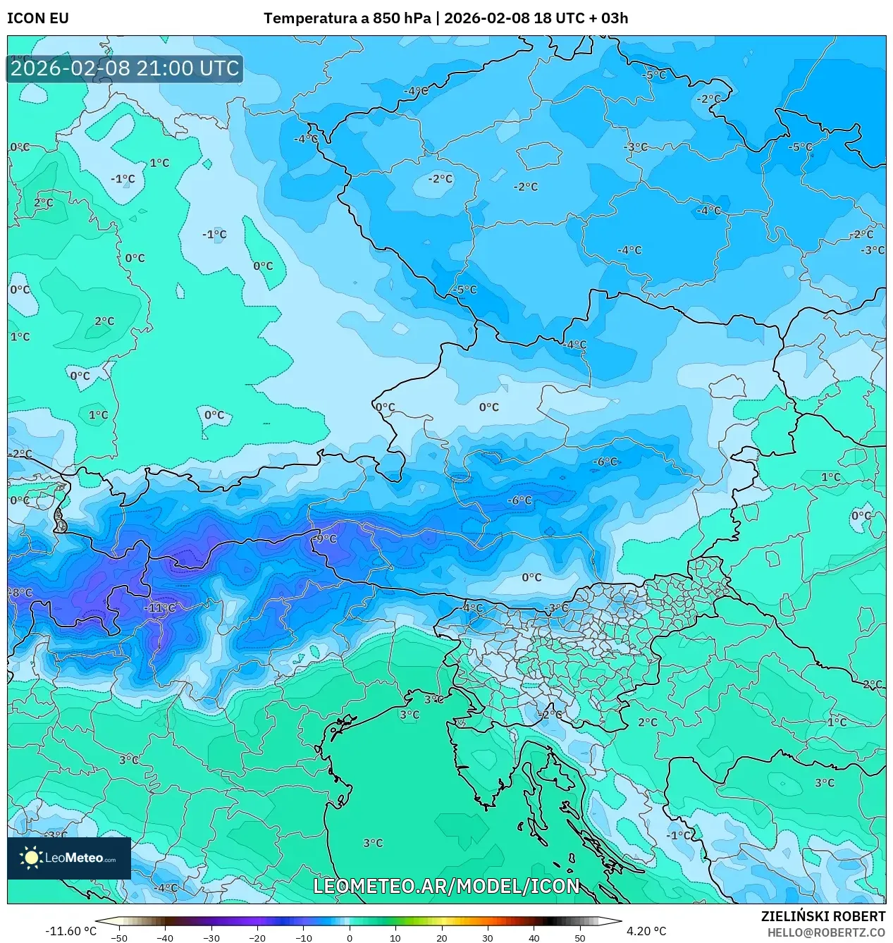 ICON model - Austria, Temperatura a 850 hPa