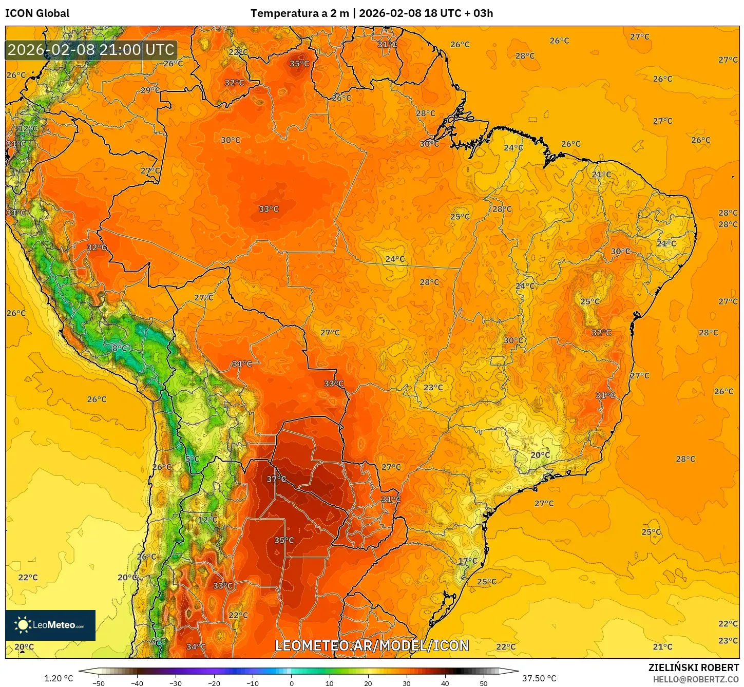 ICON model - Brasil, Temperatura a 2 m