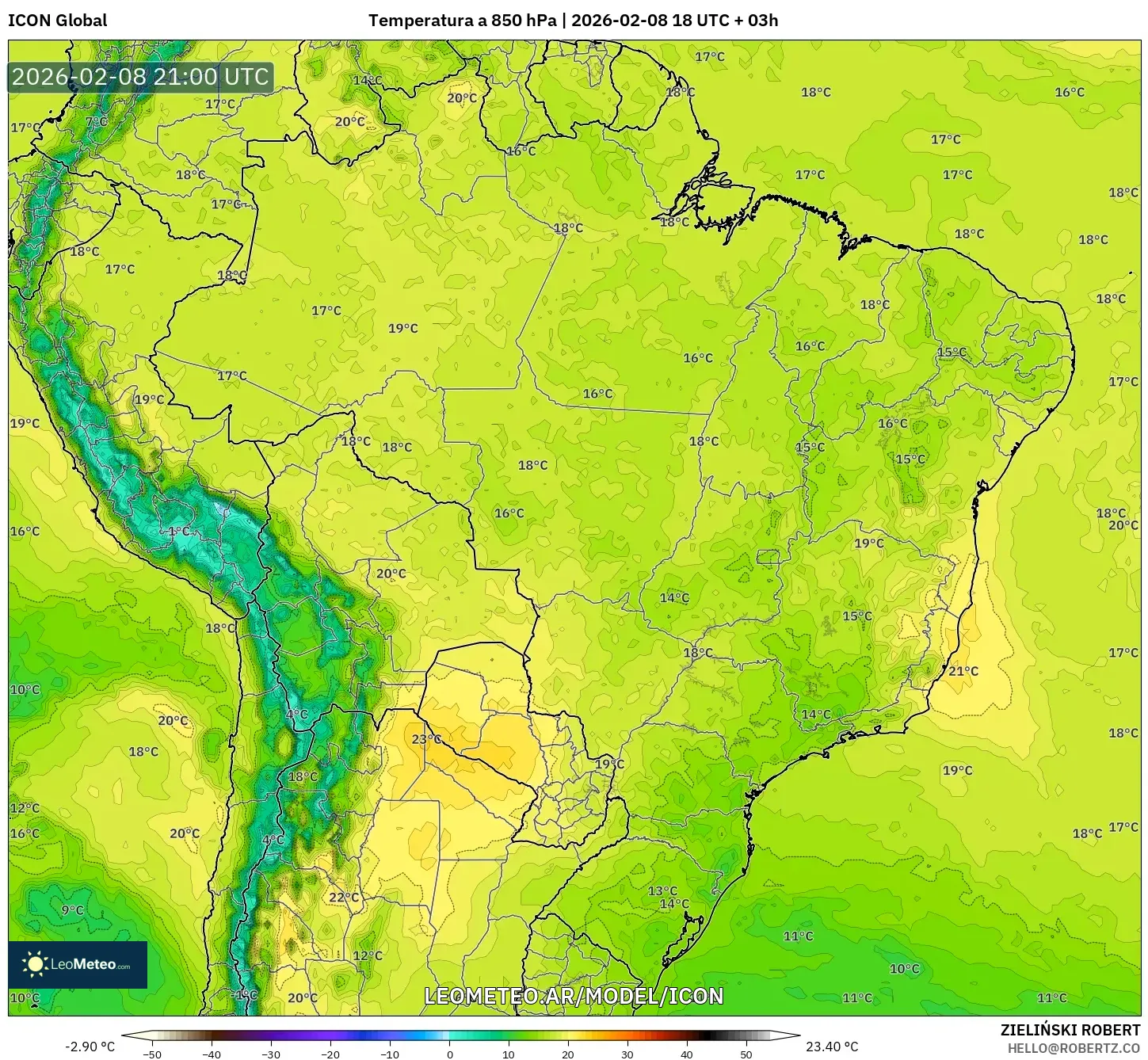 ICON model - Brasil, Temperatura a 850 hPa