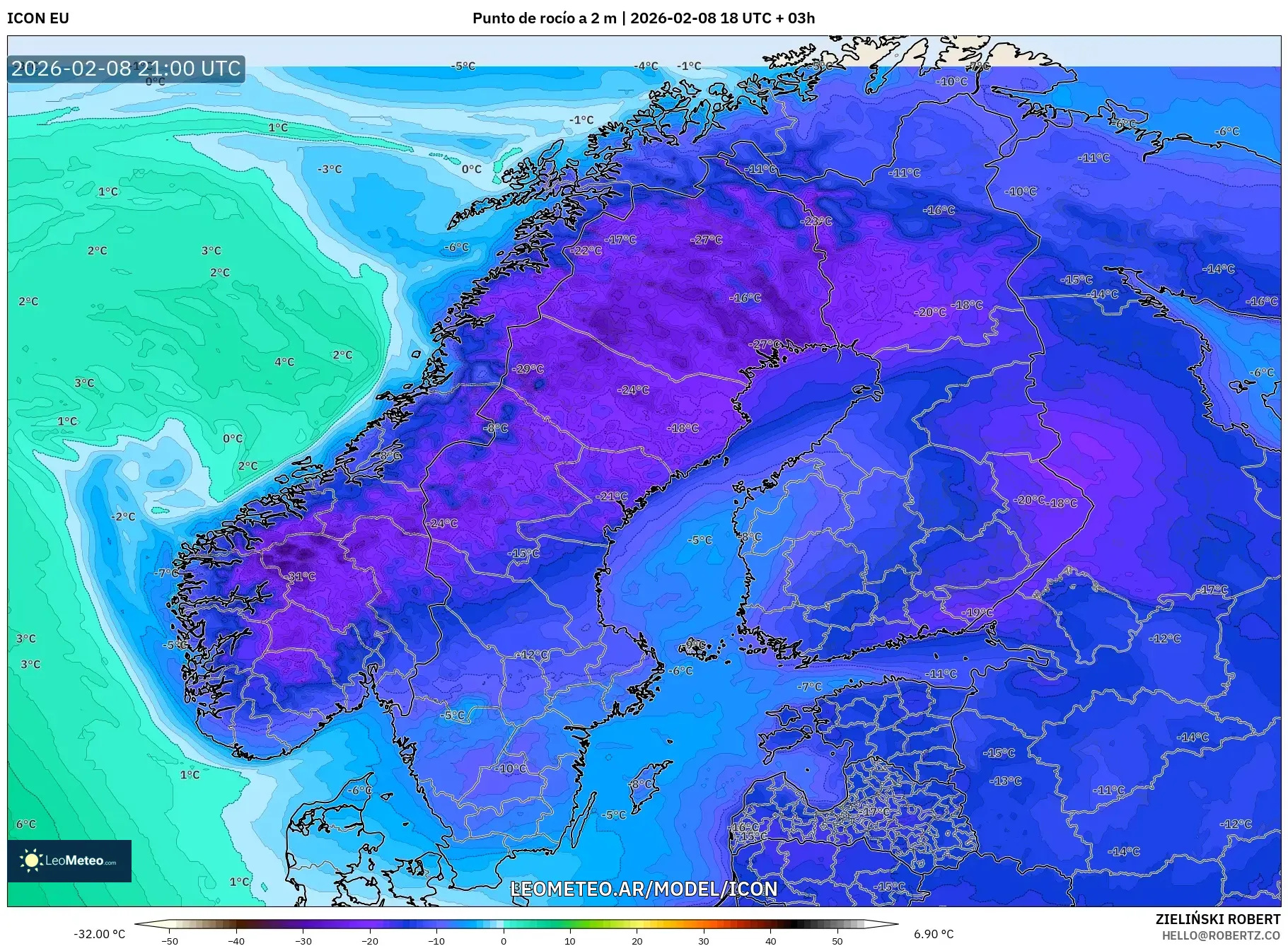 ICON model - Escandinavia, Punto de rocío a 2 m