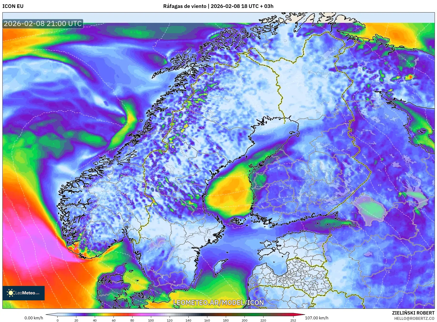 ICON model - Escandinavia, Ráfagas de viento
