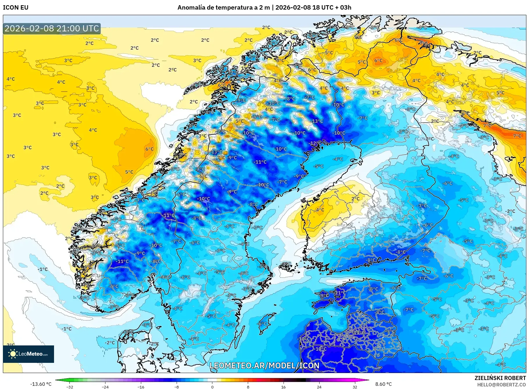 ICON model - Escandinavia, Anomalía de temperatura a 2 m