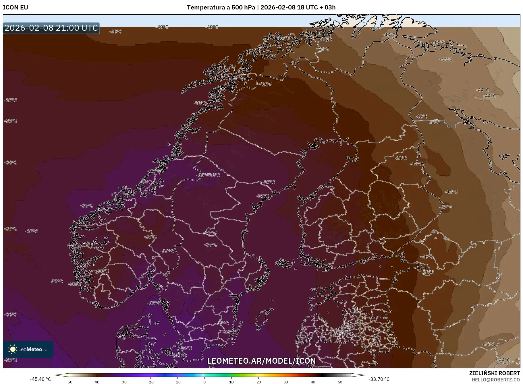 ICON model - Escandinavia, Temperatura a 500 hPa