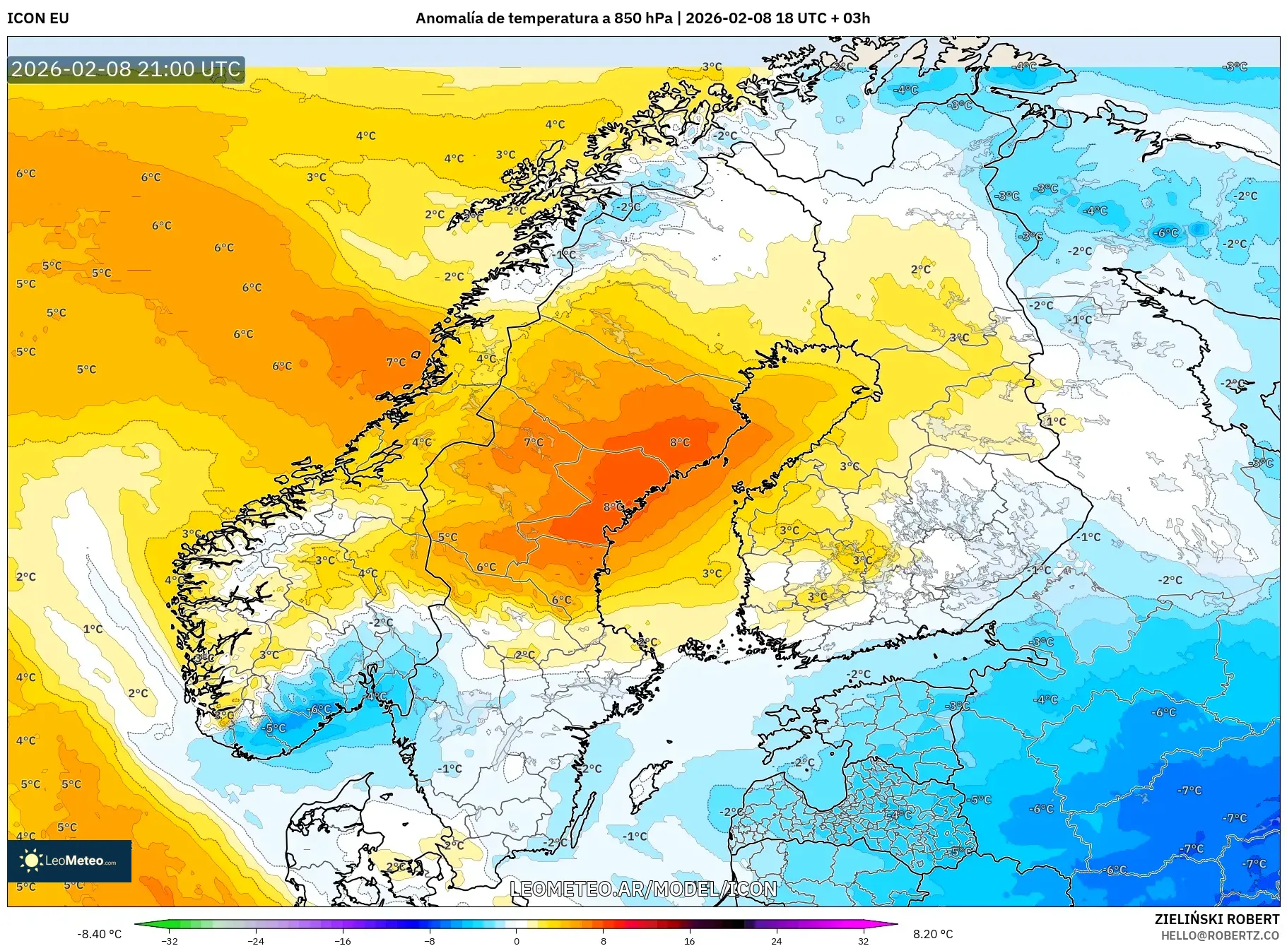 ICON model - Escandinavia, Anomalía de temperatura a 850 hPa