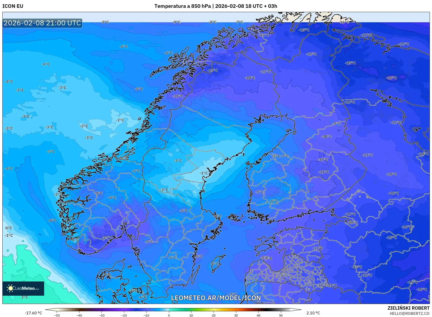 ICON model - Escandinavia, Temperatura a 850 hPa