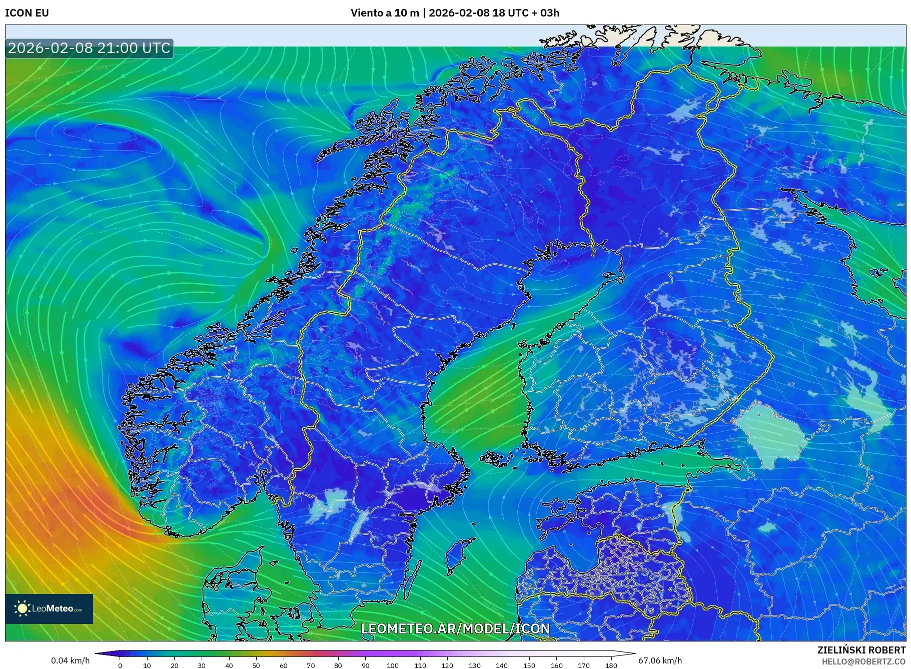 ICON model - Escandinavia, Viento a 10 m