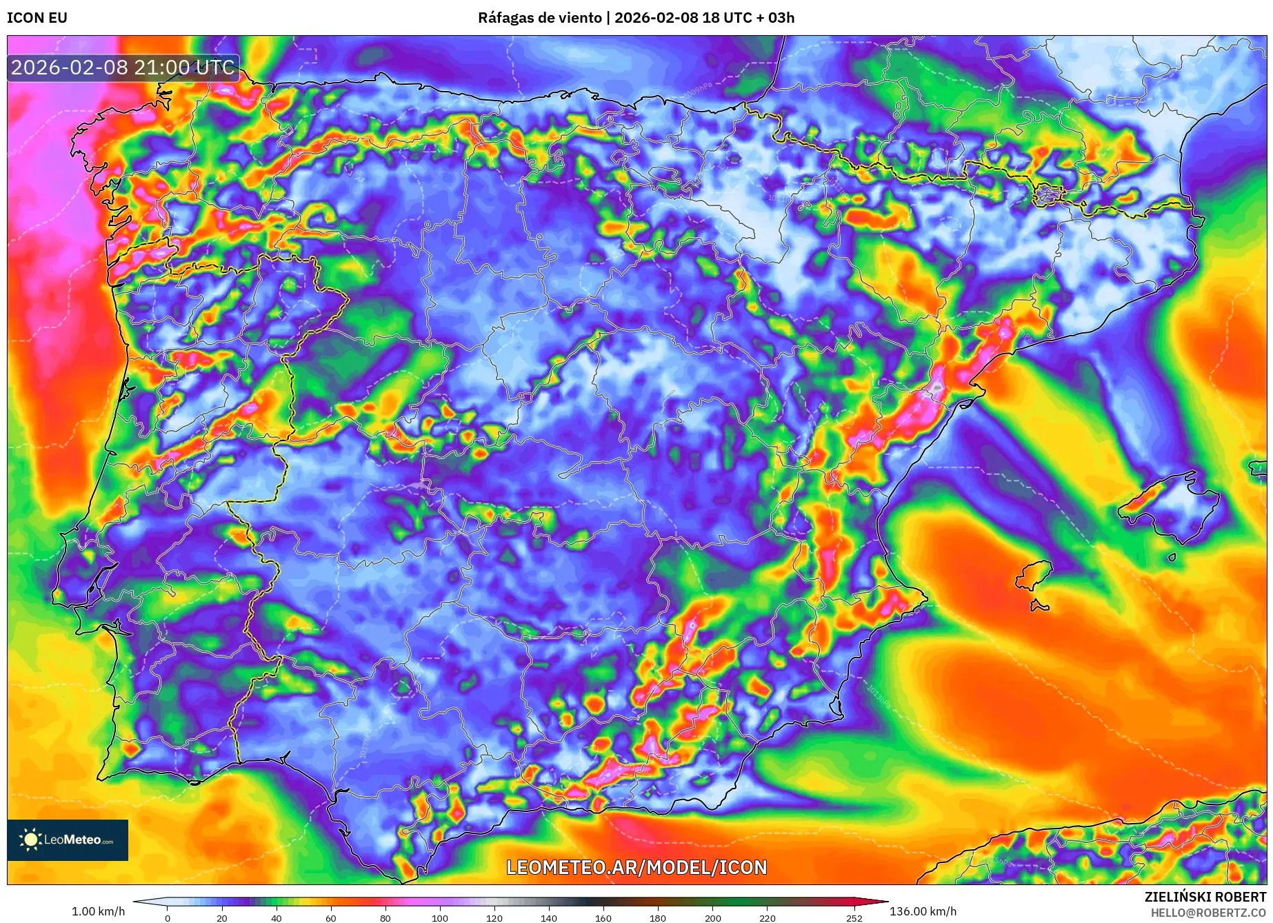 ICON model - España, Ráfagas de viento