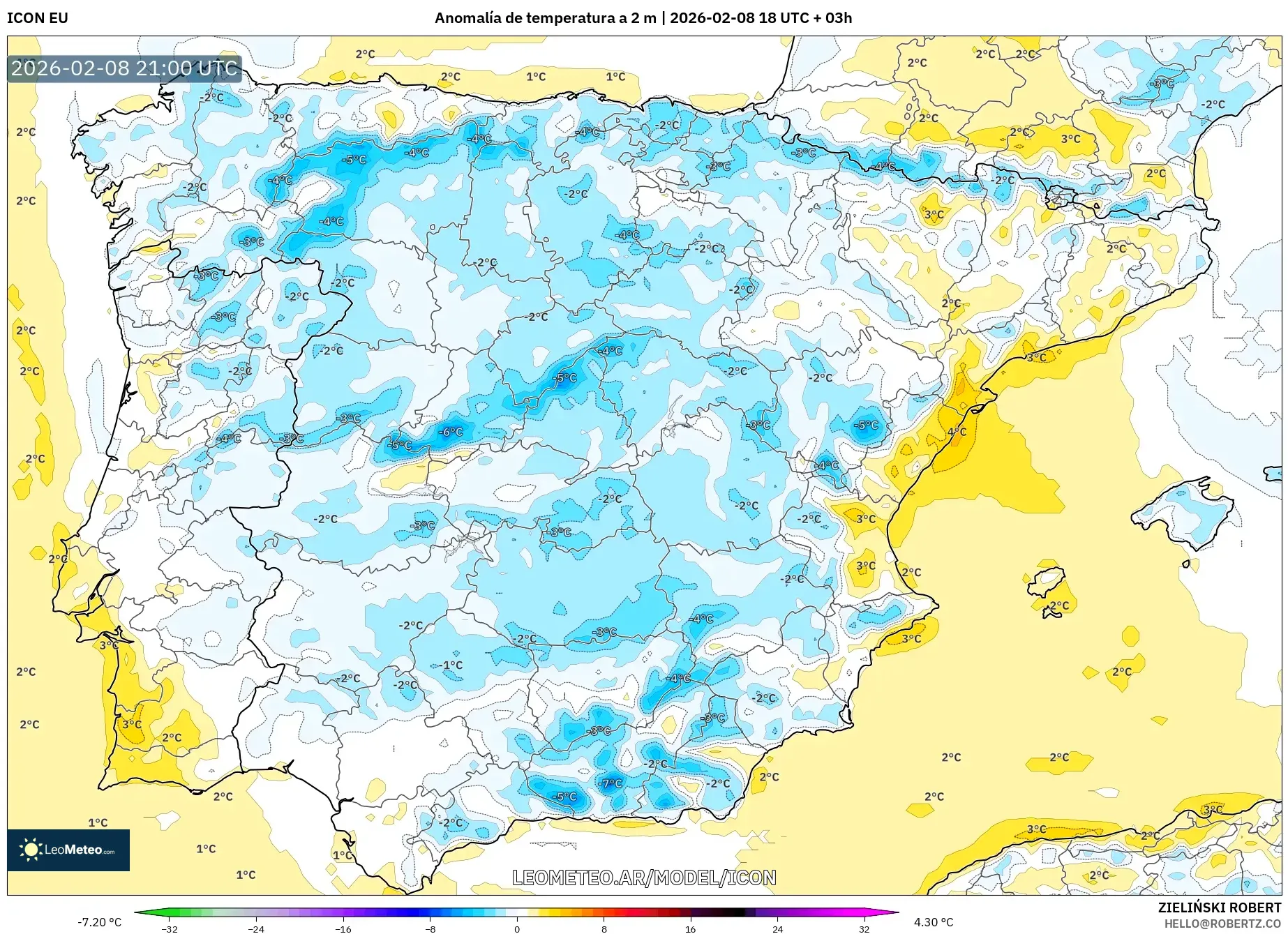 ICON model - España, Anomalía de temperatura a 2 m
