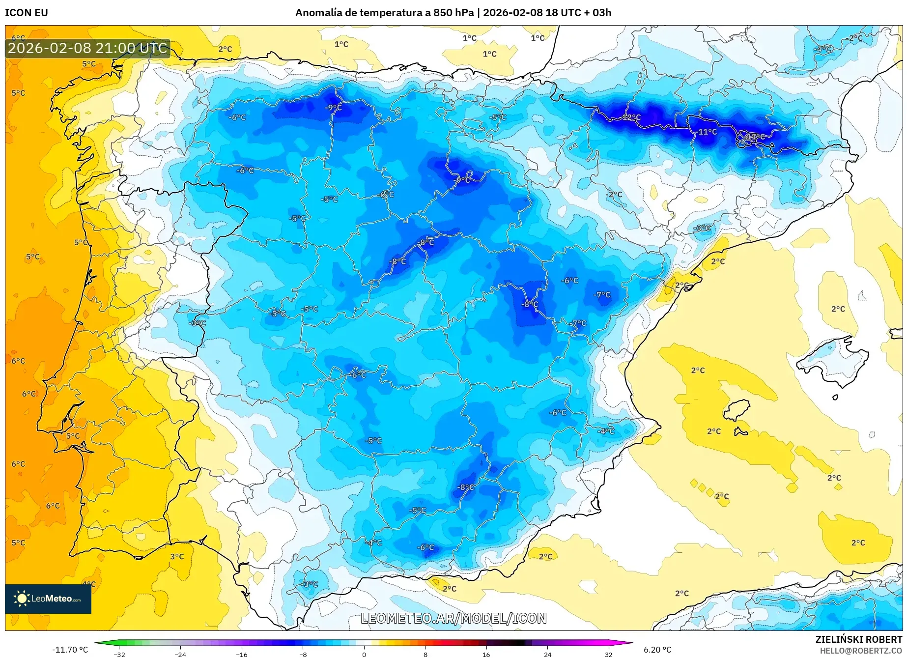 ICON model - España, Anomalía de temperatura a 850 hPa