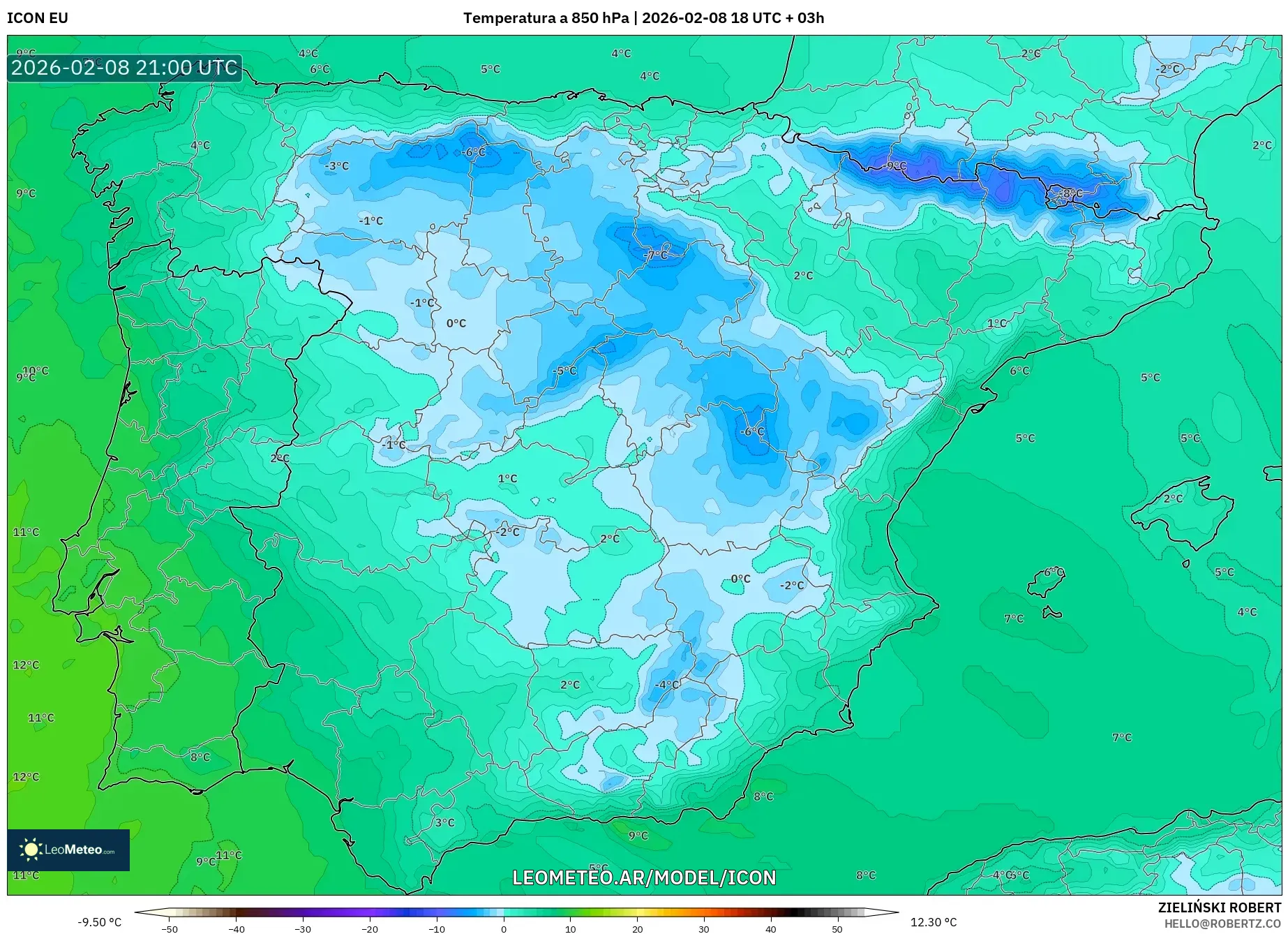 ICON model - España, Temperatura a 850 hPa