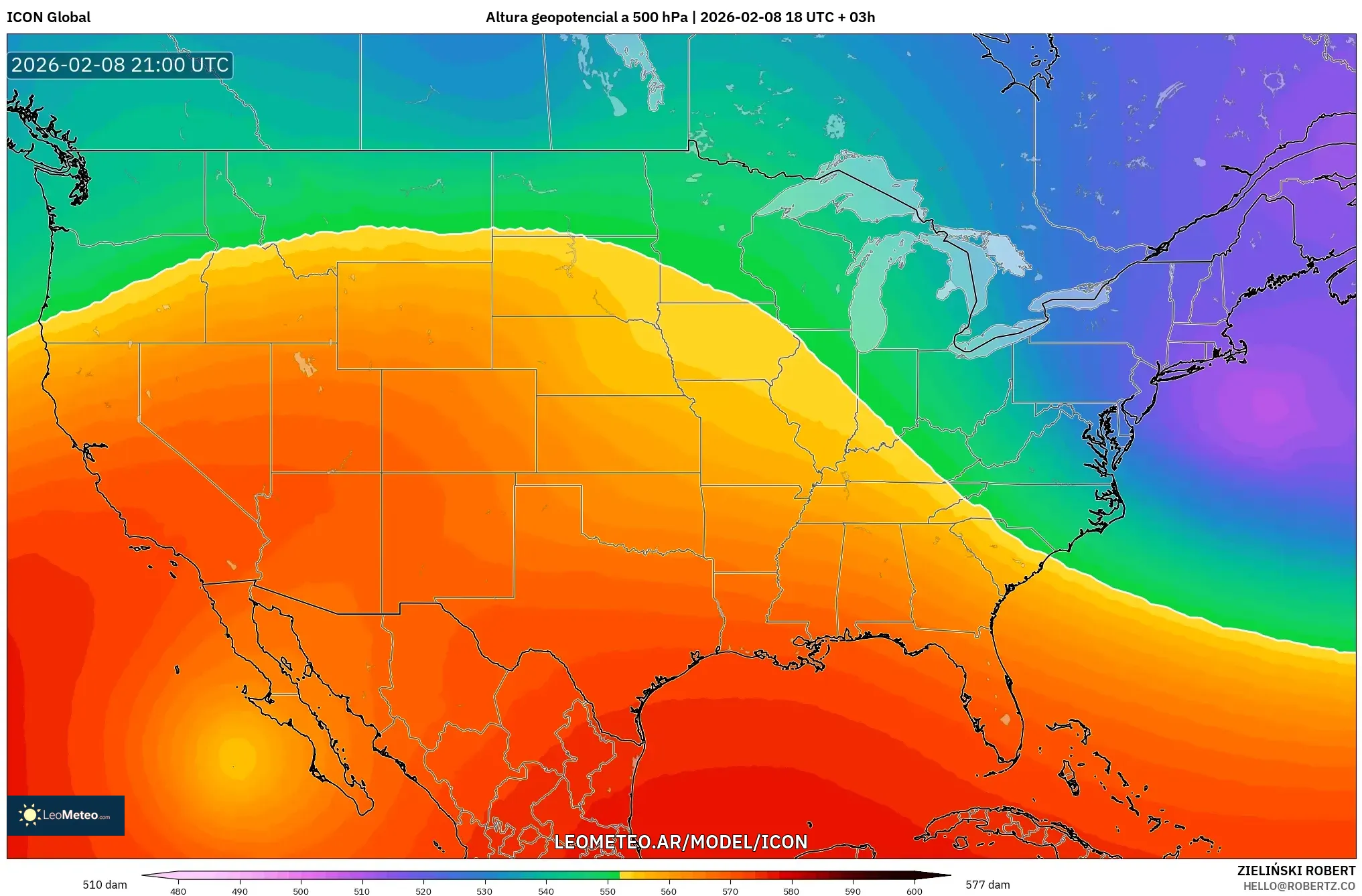 ICON model - Estados Unidos, Altura geopotencial a 500 hPa