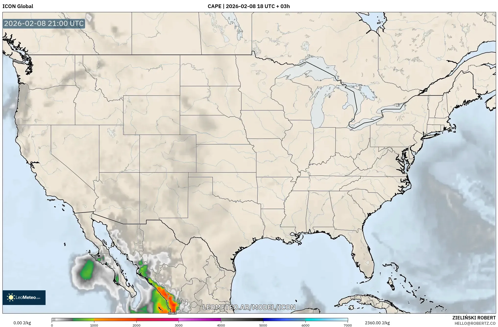 ICON model - Estados Unidos, CAPE