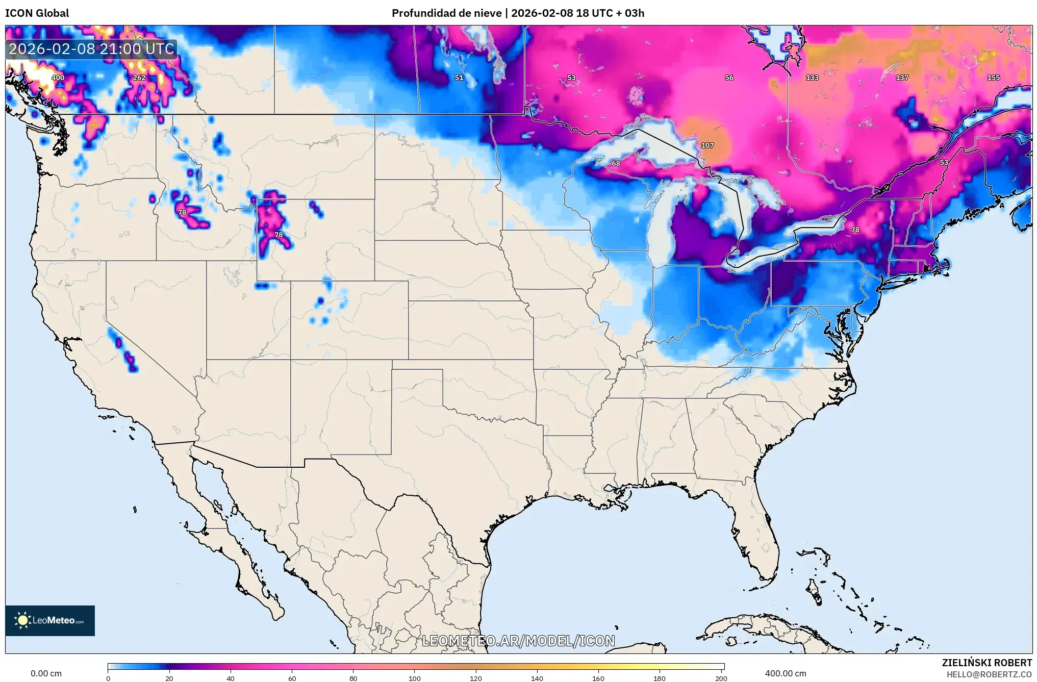 ICON model - Estados Unidos, Profundidad de nieve