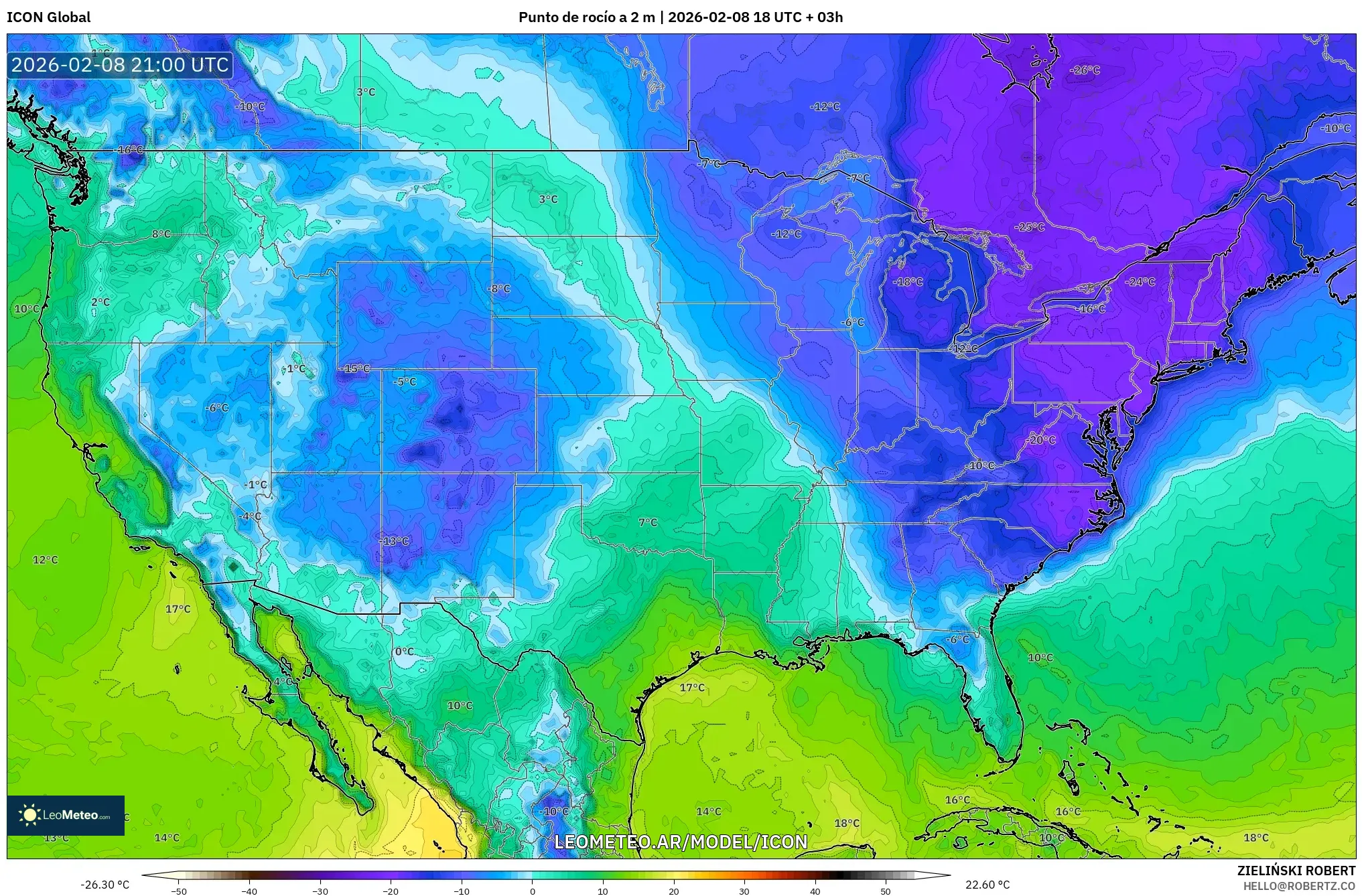 ICON model - Estados Unidos, Punto de rocío a 2 m