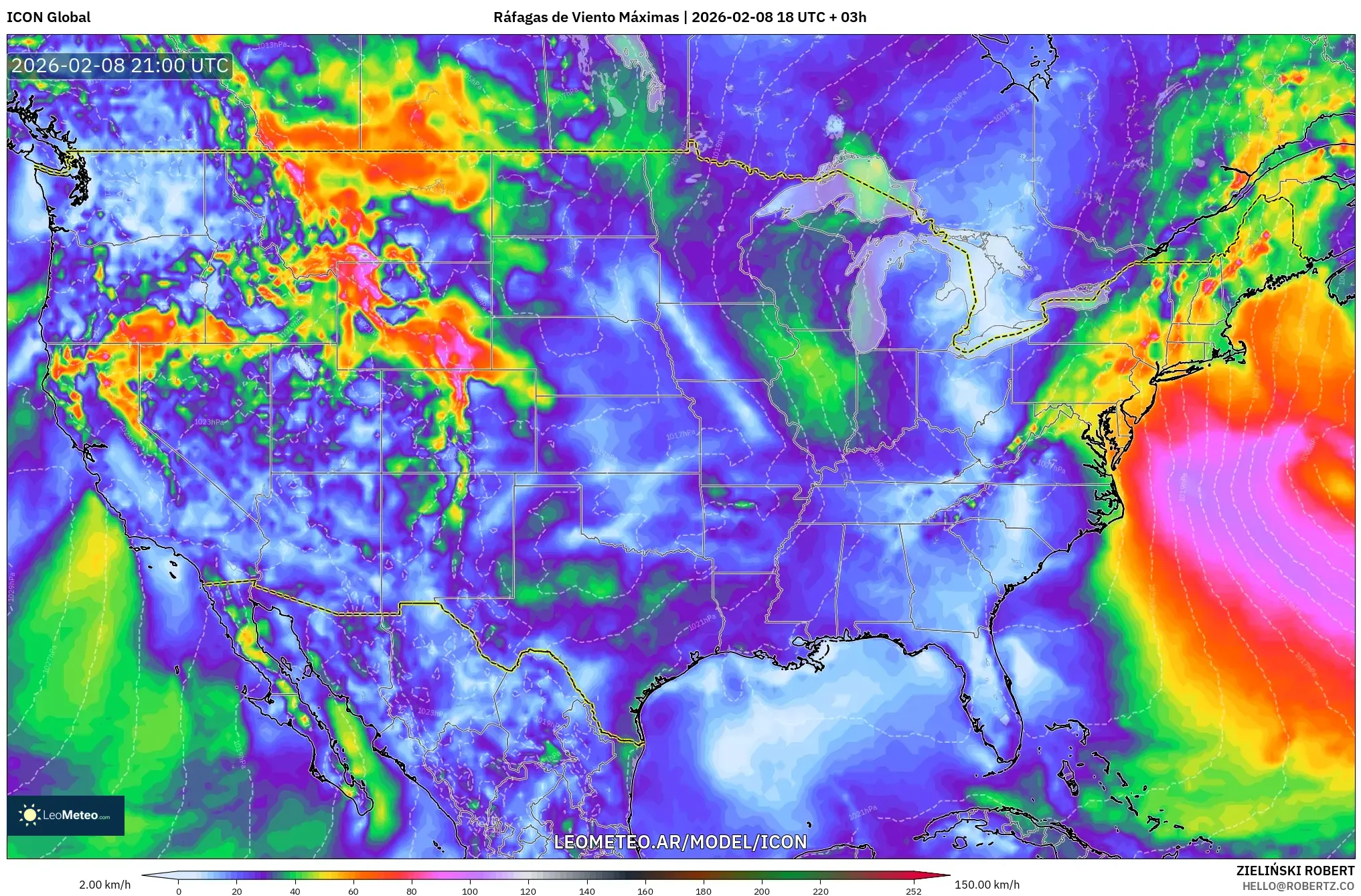 ICON model - Estados Unidos, Ráfagas de Viento Máximas