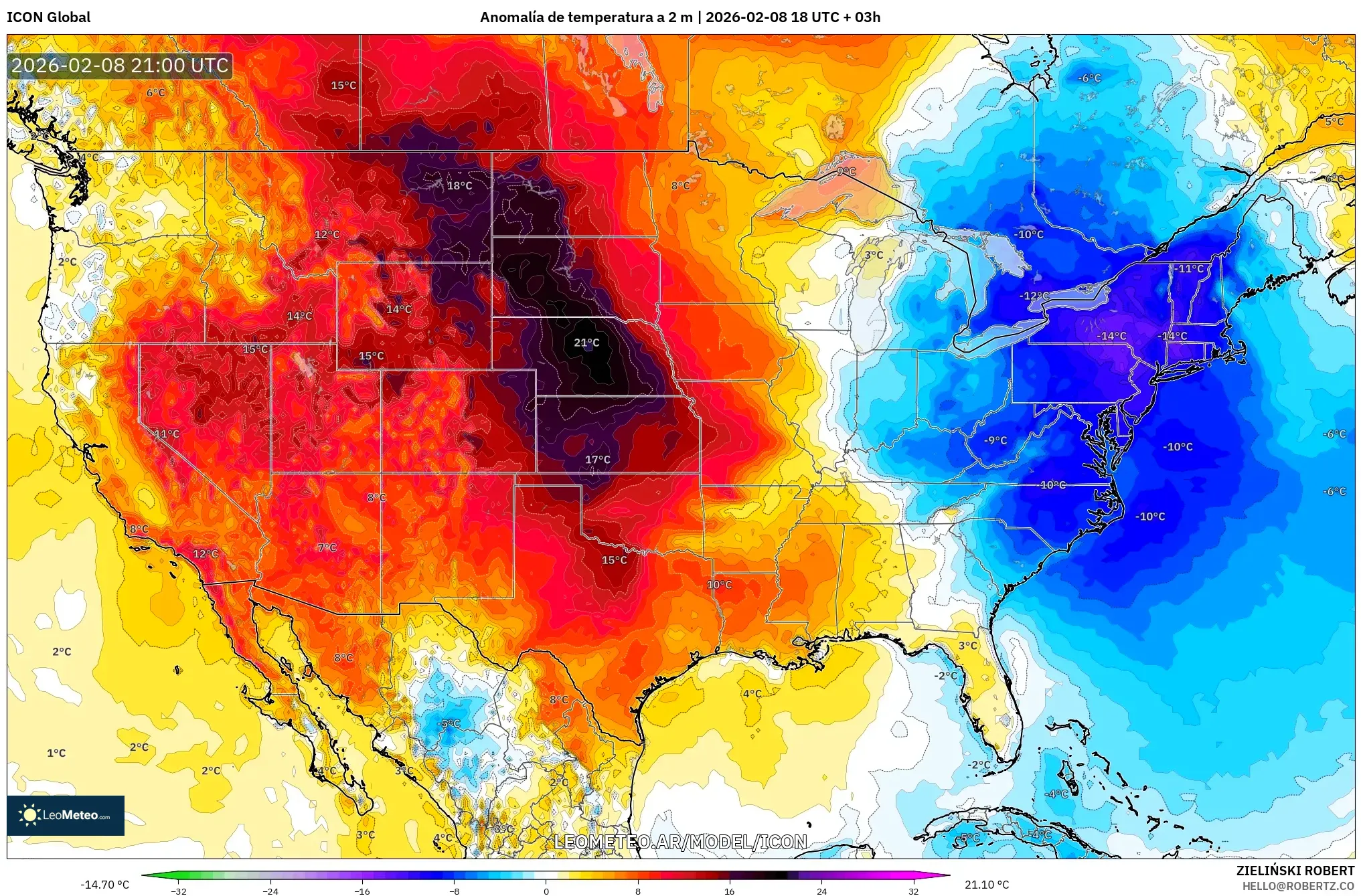 ICON model - Estados Unidos, Anomalía de temperatura a 2 m