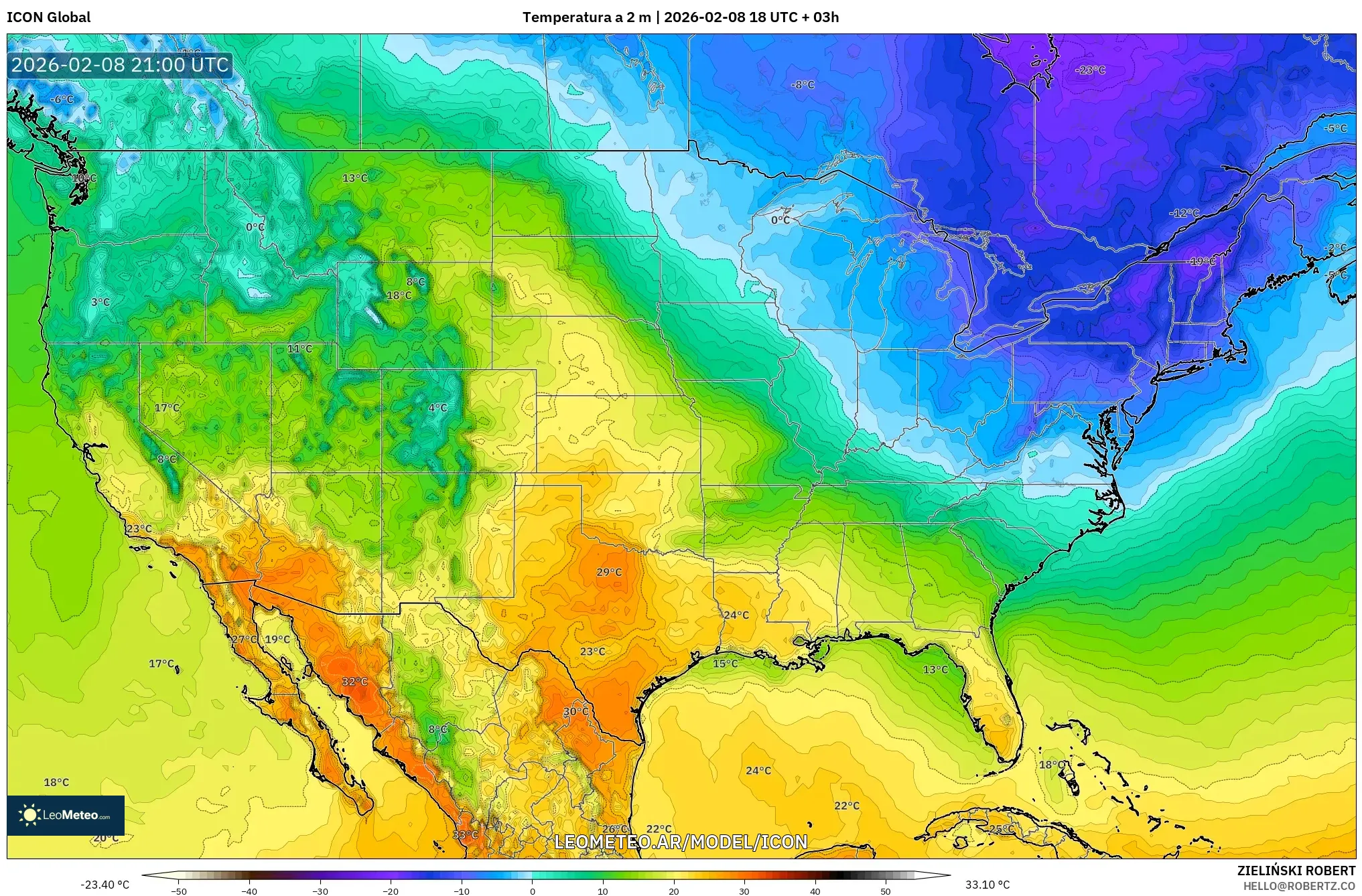 ICON model - Estados Unidos, Temperatura a 2 m