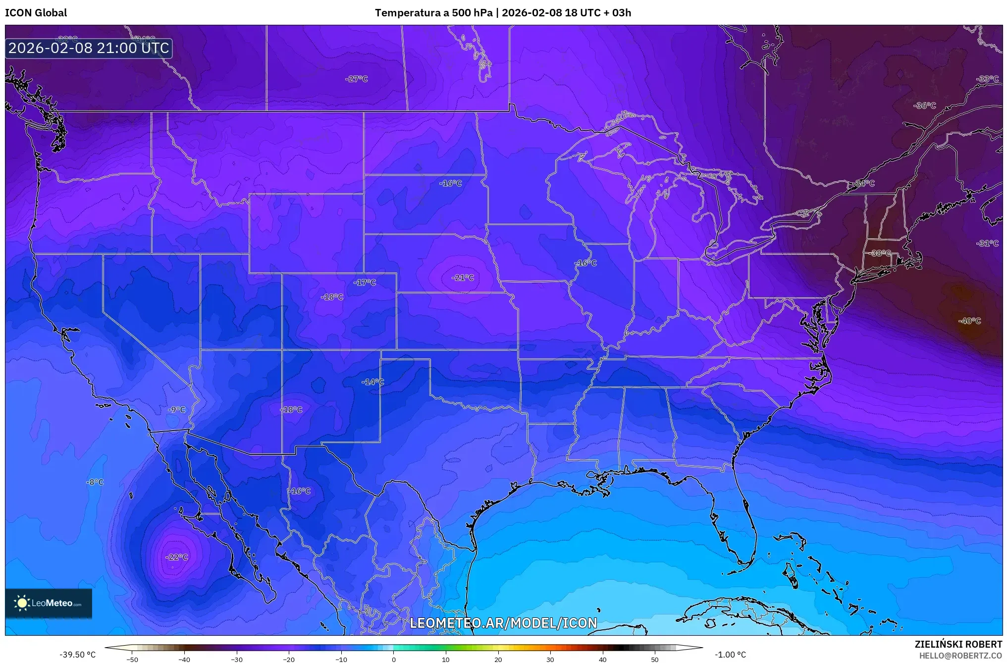 ICON model - Estados Unidos, Temperatura a 500 hPa