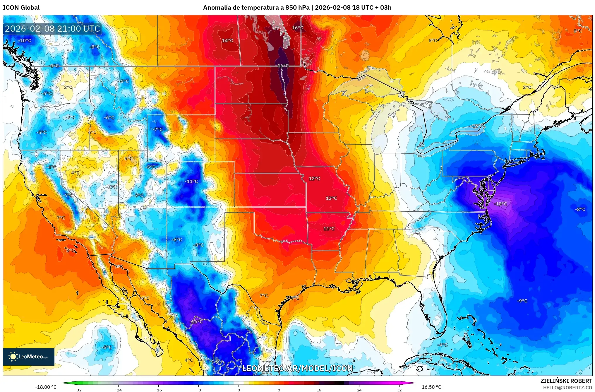 ICON model - Estados Unidos, Anomalía de temperatura a 850 hPa