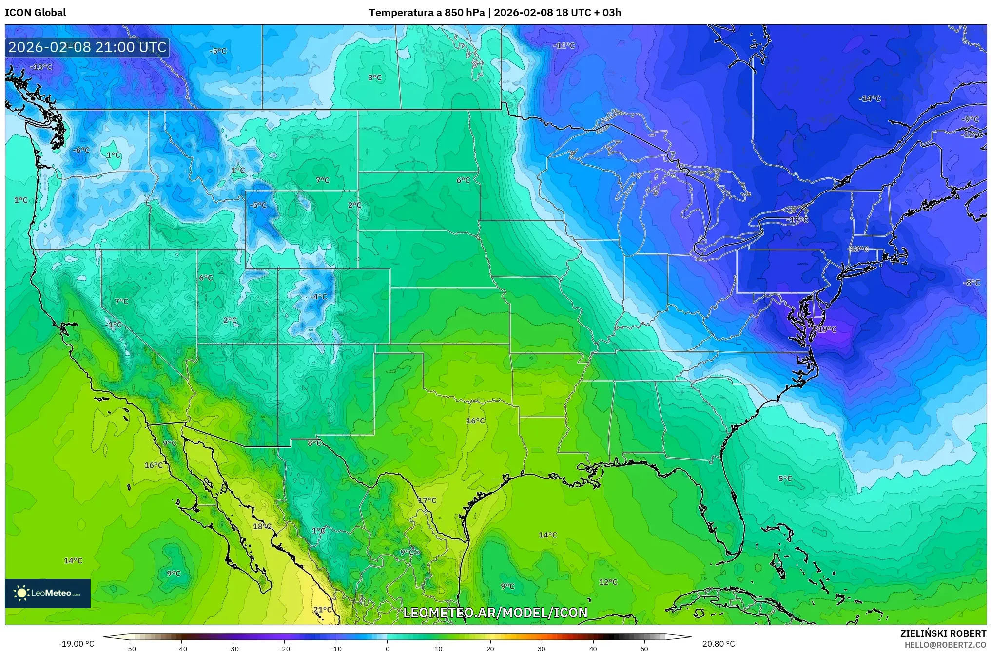 ICON model - Estados Unidos, Temperatura a 850 hPa