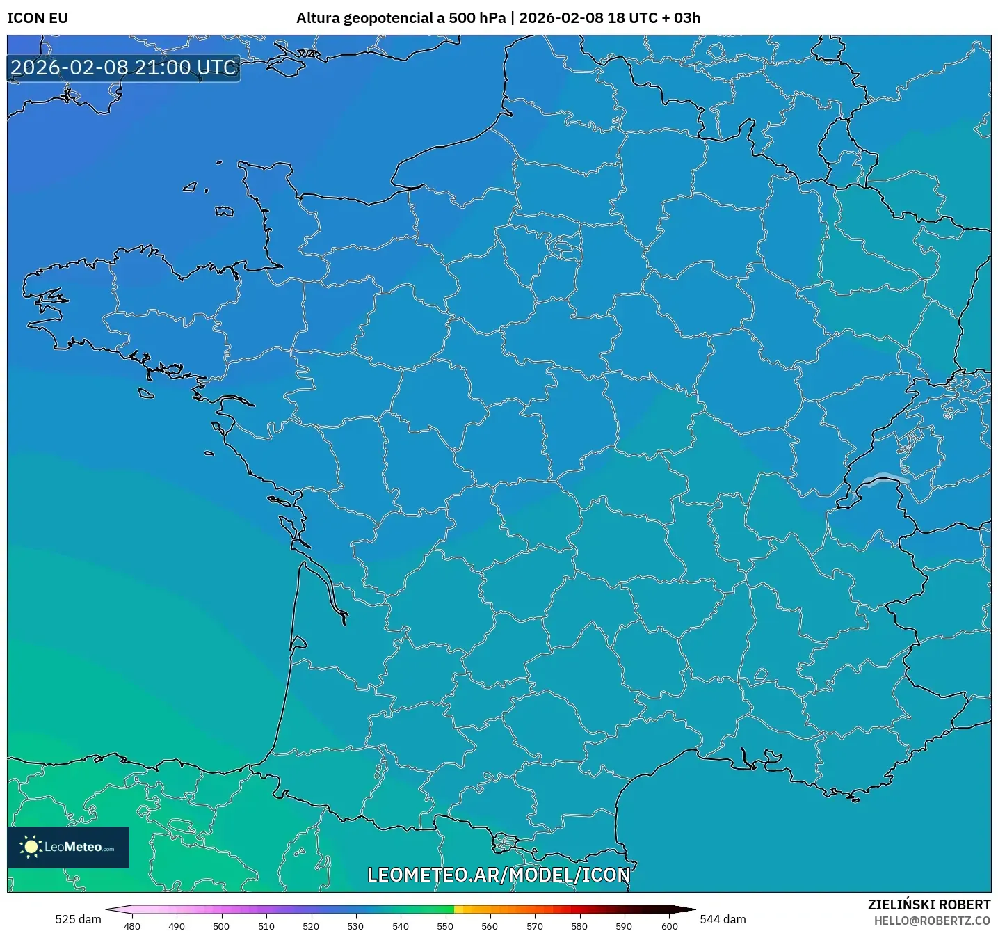 ICON model - Francia, Altura geopotencial a 500 hPa