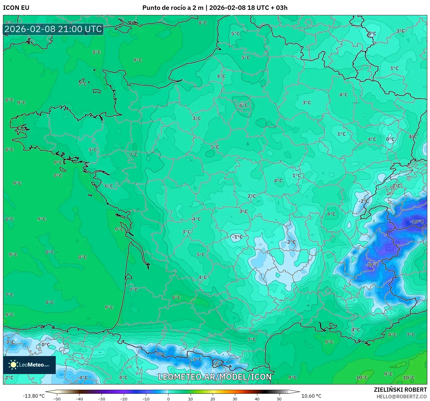 ICON model - Francia, Punto de rocío a 2 m