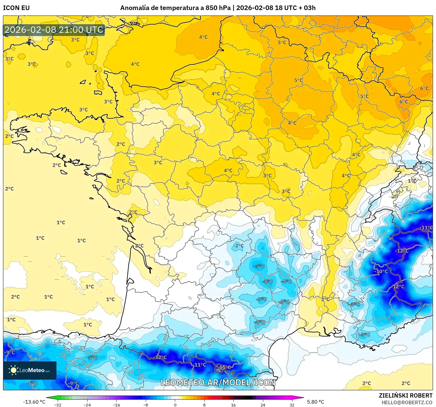 ICON model - Francia, Anomalía de temperatura a 850 hPa