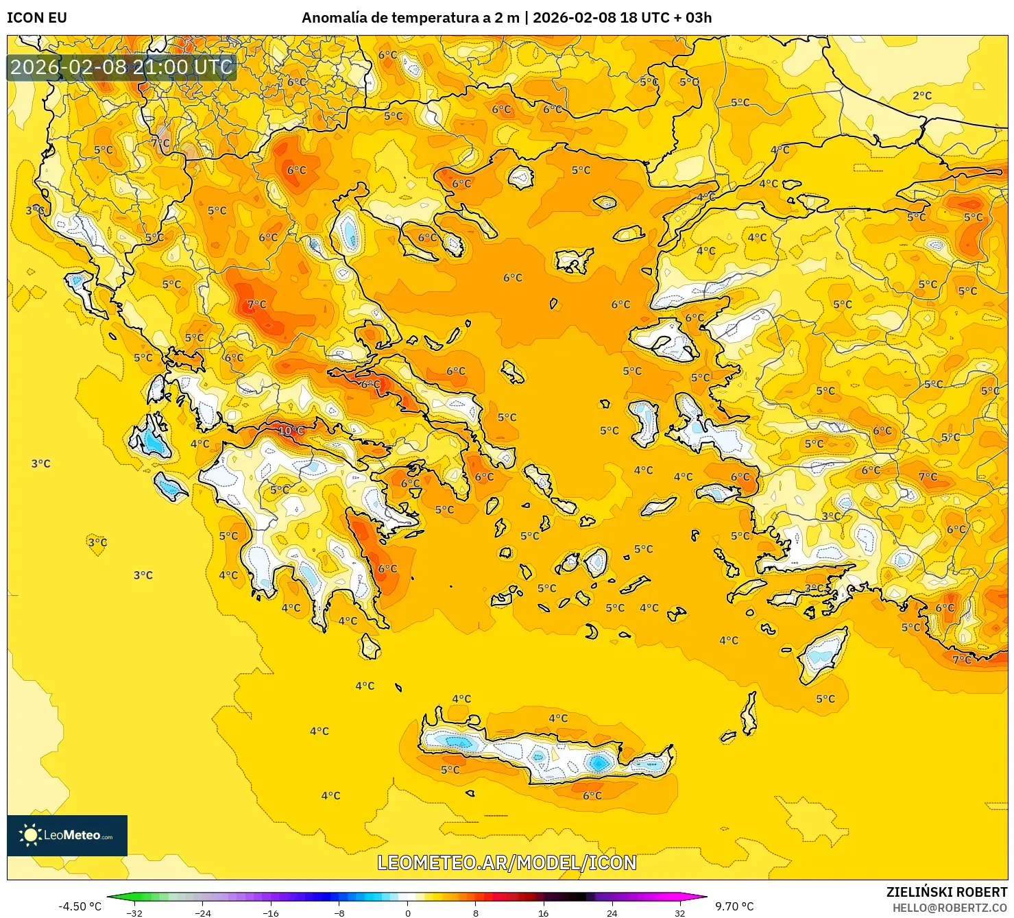 ICON model - Grecia, Anomalía de temperatura a 2 m