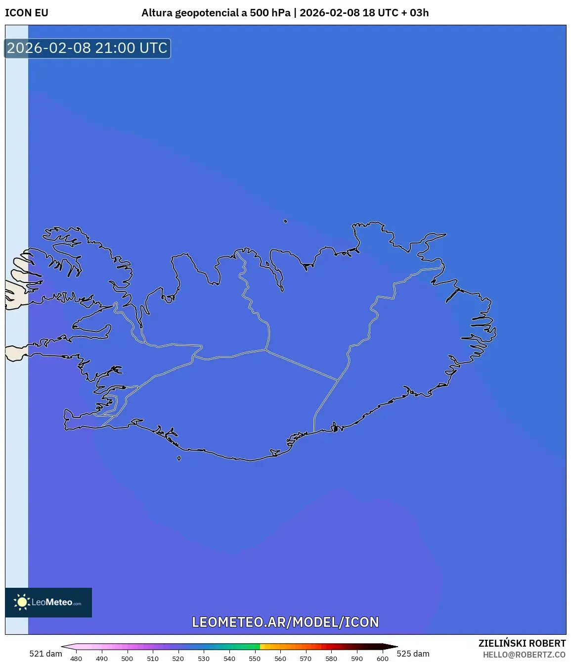 ICON model - Islandia, Altura geopotencial a 500 hPa